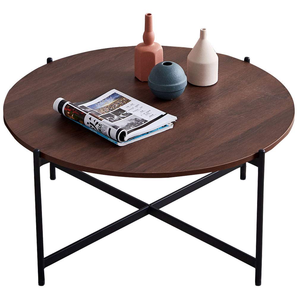 Round Coffee Table with Black Metal Frame & Walnut Top - 36