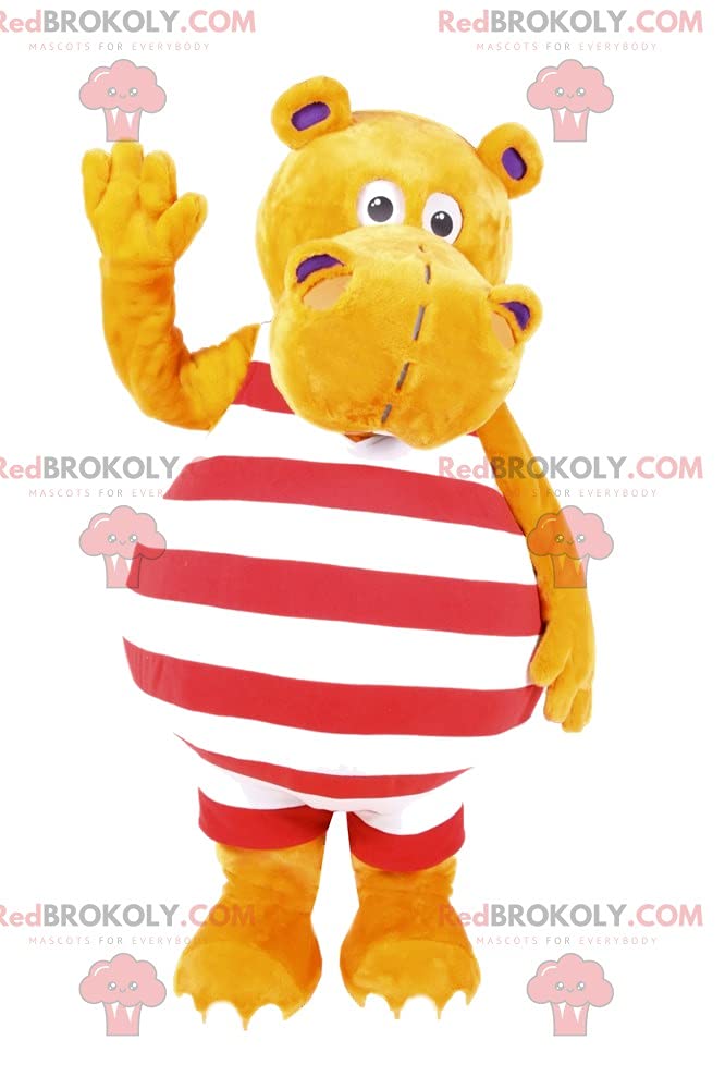 SPOTSOUND Yellow Hippo Plush Toy - Cute Striped Swimsuit Mascot for Kids Room Decor, Birthday Gifts & Pool Party Favors