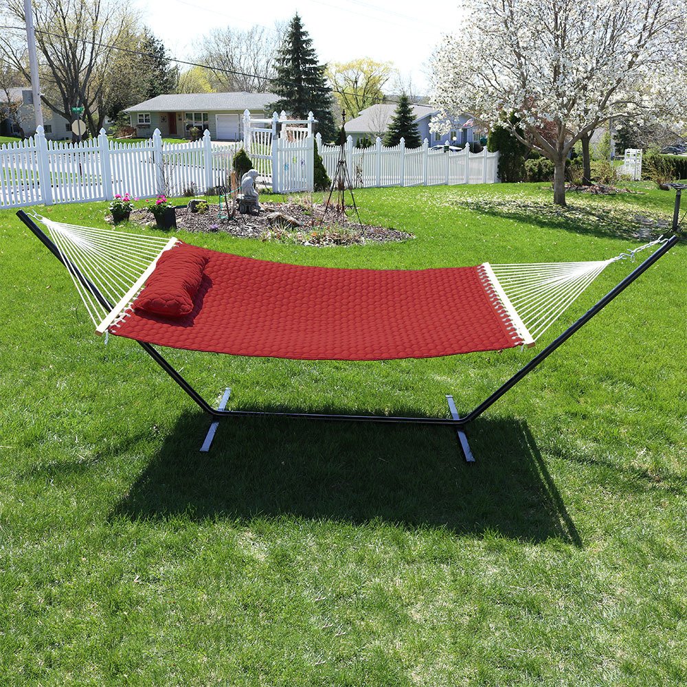 Sunnydaze Quilted Fabric Double Hammock with 12-Foot Steel Stand - 400 lb Weight Capacity - Black Frame & Red Fabric - Outdoor Patio, Backyard, Camping, Beach Relaxation