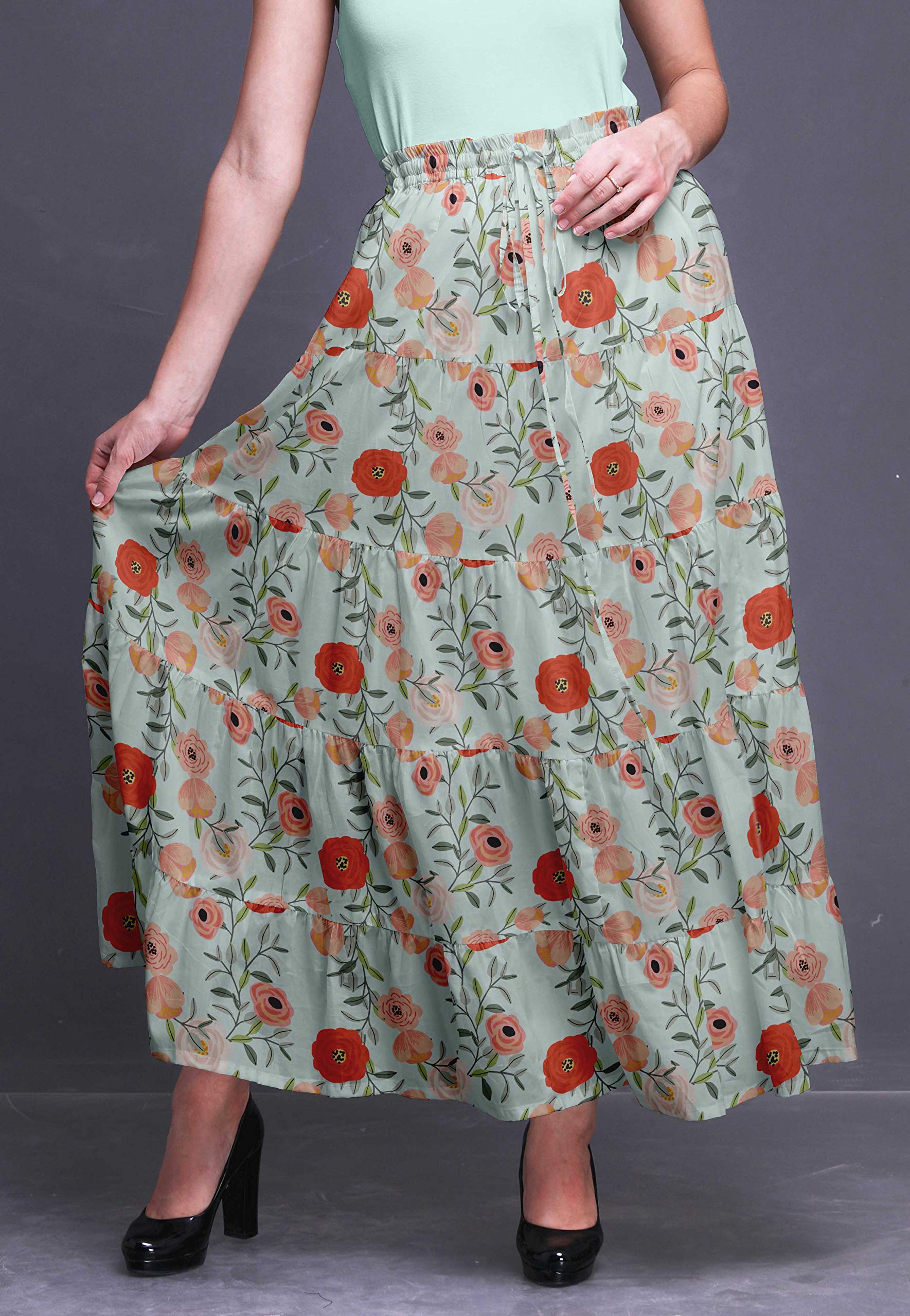 Boho Printed Long 5-Tier Cotton Skirt for Women | Flowy Maxi Skirt with Elastic Waist | Perfect for Beach, Festival, and Summer Outfits