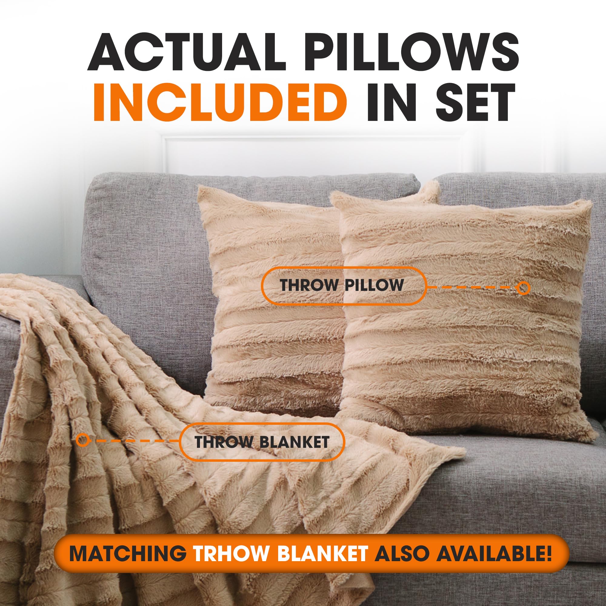 Cheer Collection Faux Fur Throw Pillows - Soft Decorative Couch & Bed Pillows, 24x24 Inch Sand Accent Pillow Set of 2 for Cozy Bedroom & Living Room Decor - Perfect for Reading Nooks, Sofa Styling & Home Aesthetics