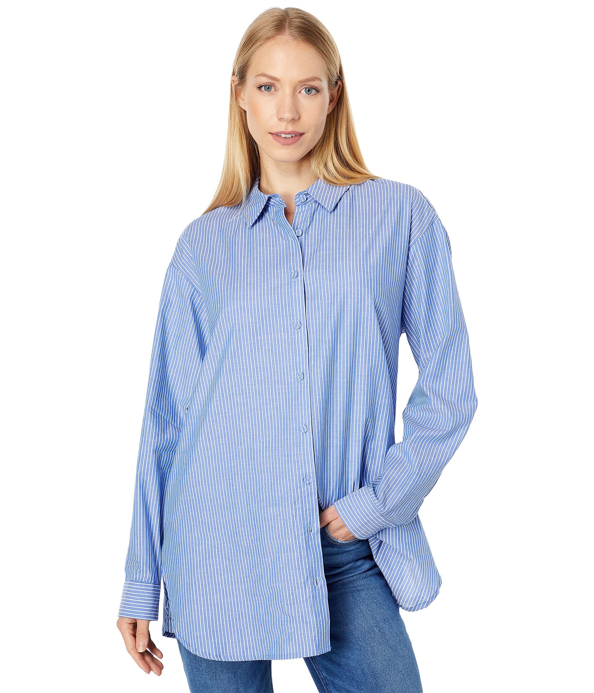 Vince Camuto Women's Preppy Striped Button-Down Tunic Shirt - Casual Office Wear & Weekend Outfits