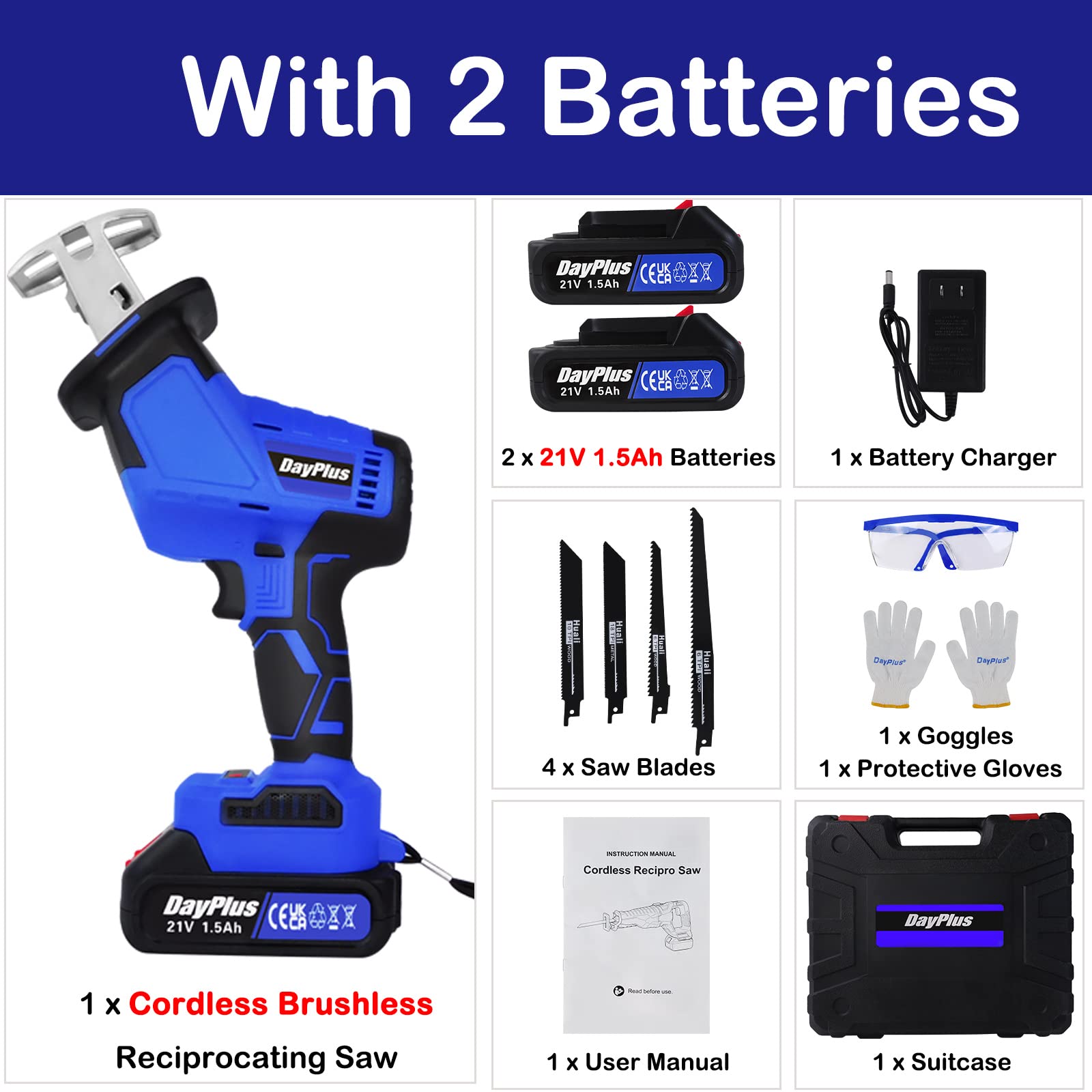 21V Brushless Cordless Reciprocating Saw with 2 x 1.5Ah Batteries & Charger - Tool-Free Blade Change, Includes Wood & Metal Cutting Blades - Ideal for DIY Projects, Construction Work, and Home Renovations