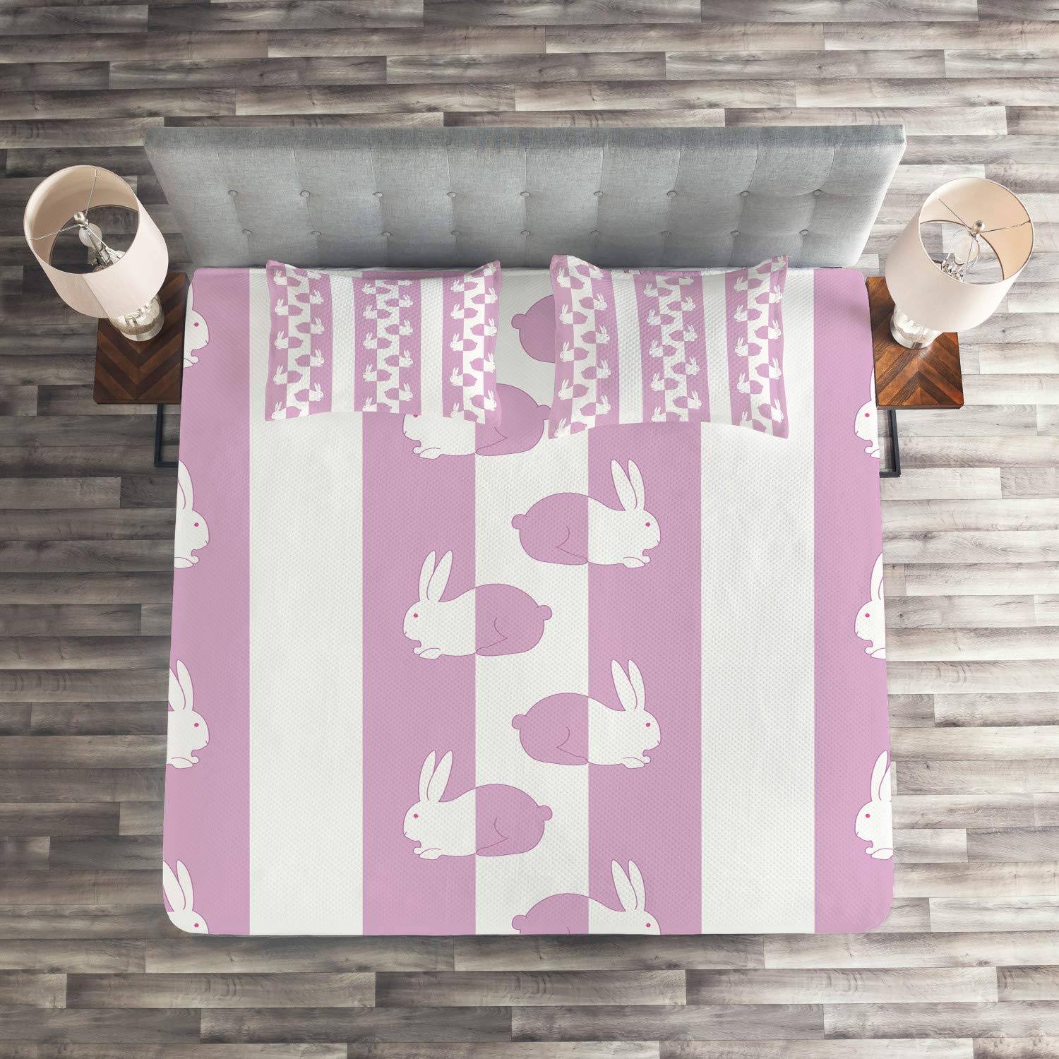 Ambesonne Easter Bunny Rabbits Quilted Bedspread Set - 3 Piece King Size Coverlet with 2 Pillow Shams, Pastel Animal Print Design in White & Pink - Perfect for Spring Bedroom Decor, Easter Gift & Cozy Home Styling