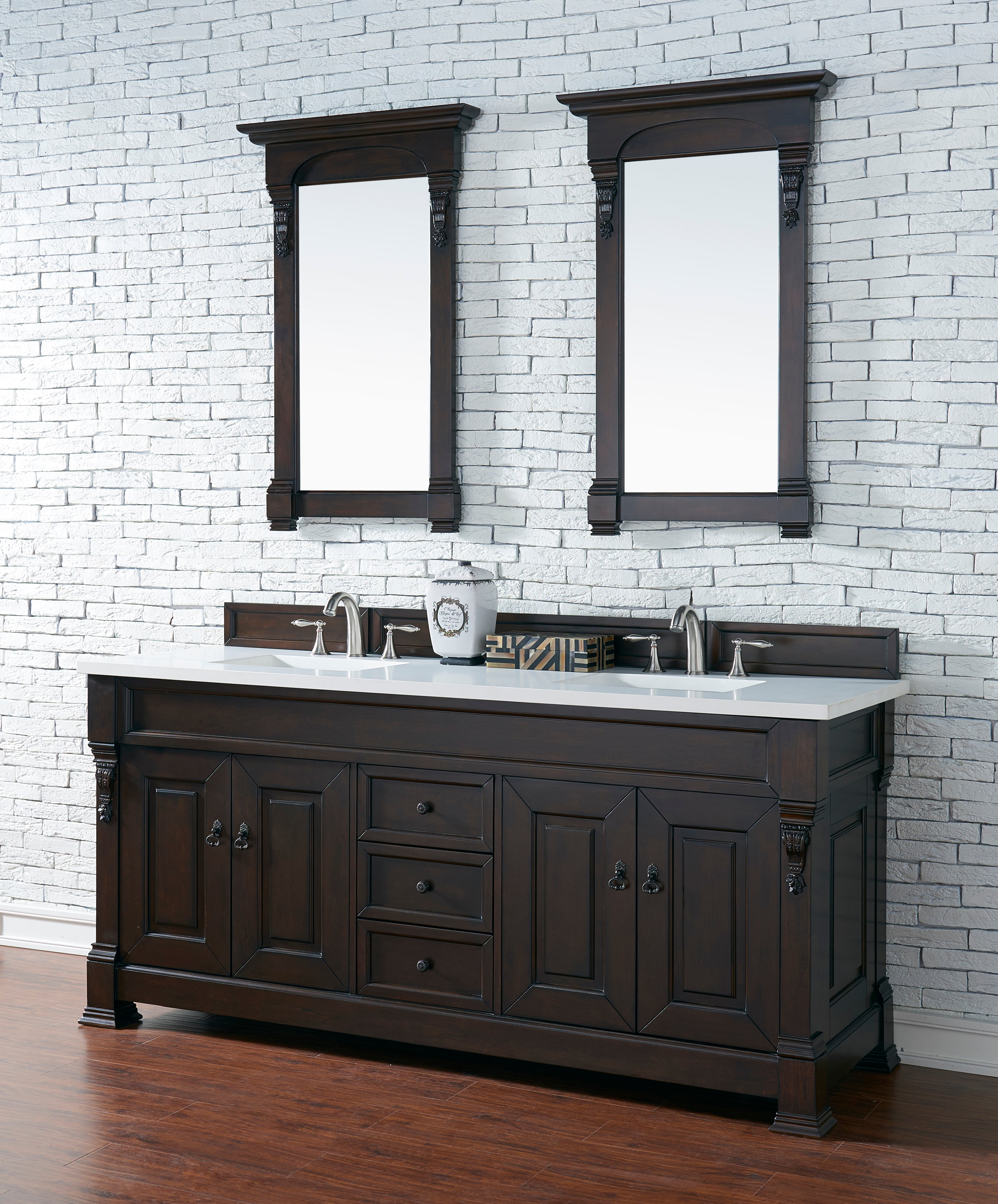 Brookfield 72-Inch Double Vanity with Burnished Mahogany Base & 3CM White Zeus Quartz Countertop - Perfect for Master Bathroom Renovation & Luxury Home Upgrade
