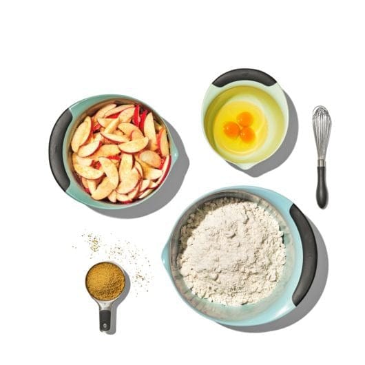 OXO 3-Piece Mixing Bowl Set - Non-Slip Nesting Bowls with Pour Spouts (Blue, Grey & Jade) for Baking, Meal Prep & Kitchen Organization