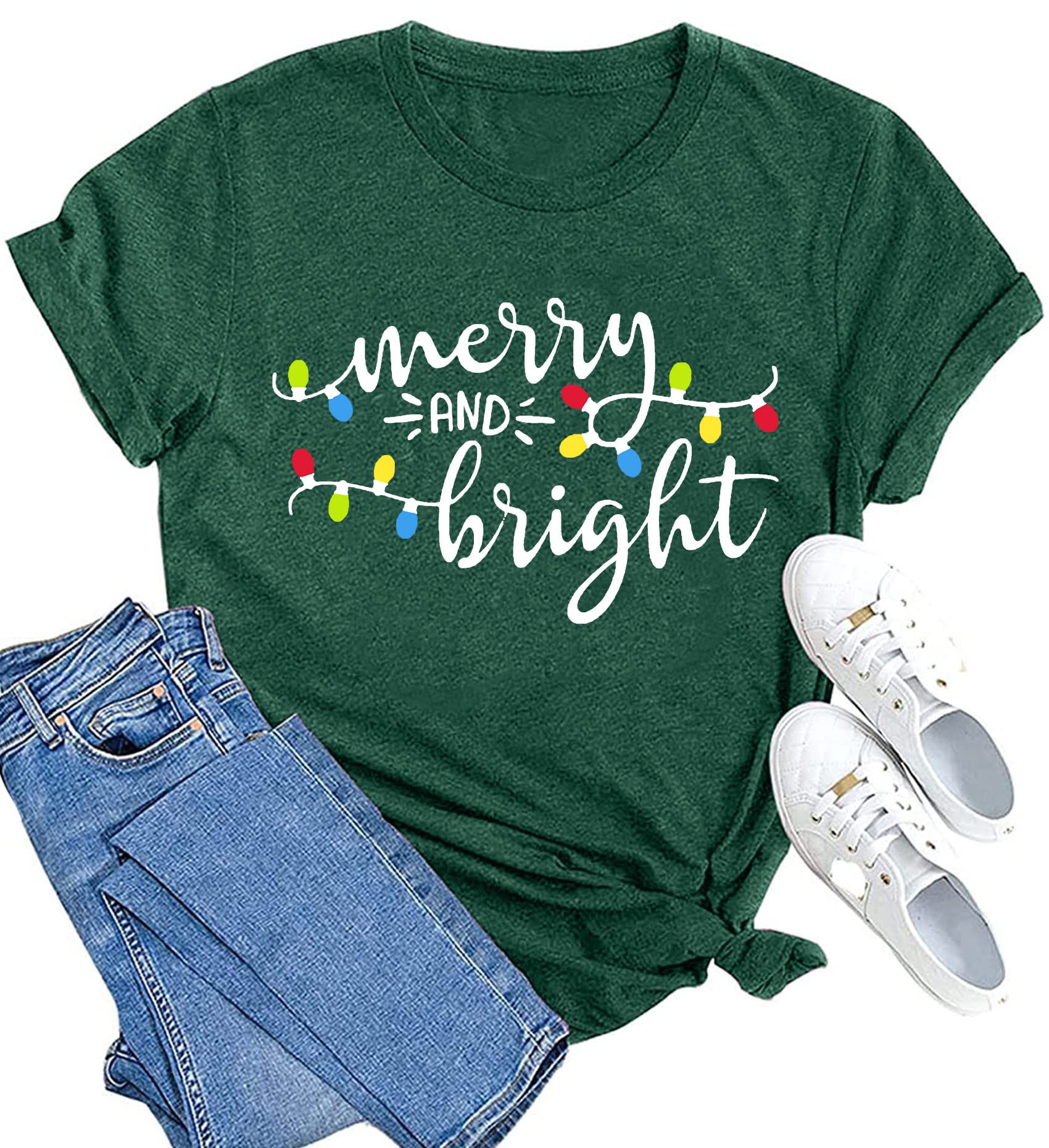 Women's Christmas Shirts - Merry and Bright Holiday T-Shirt with Christmas Lights Design | Casual Winter Party, Family Gathering & Festive Outfit