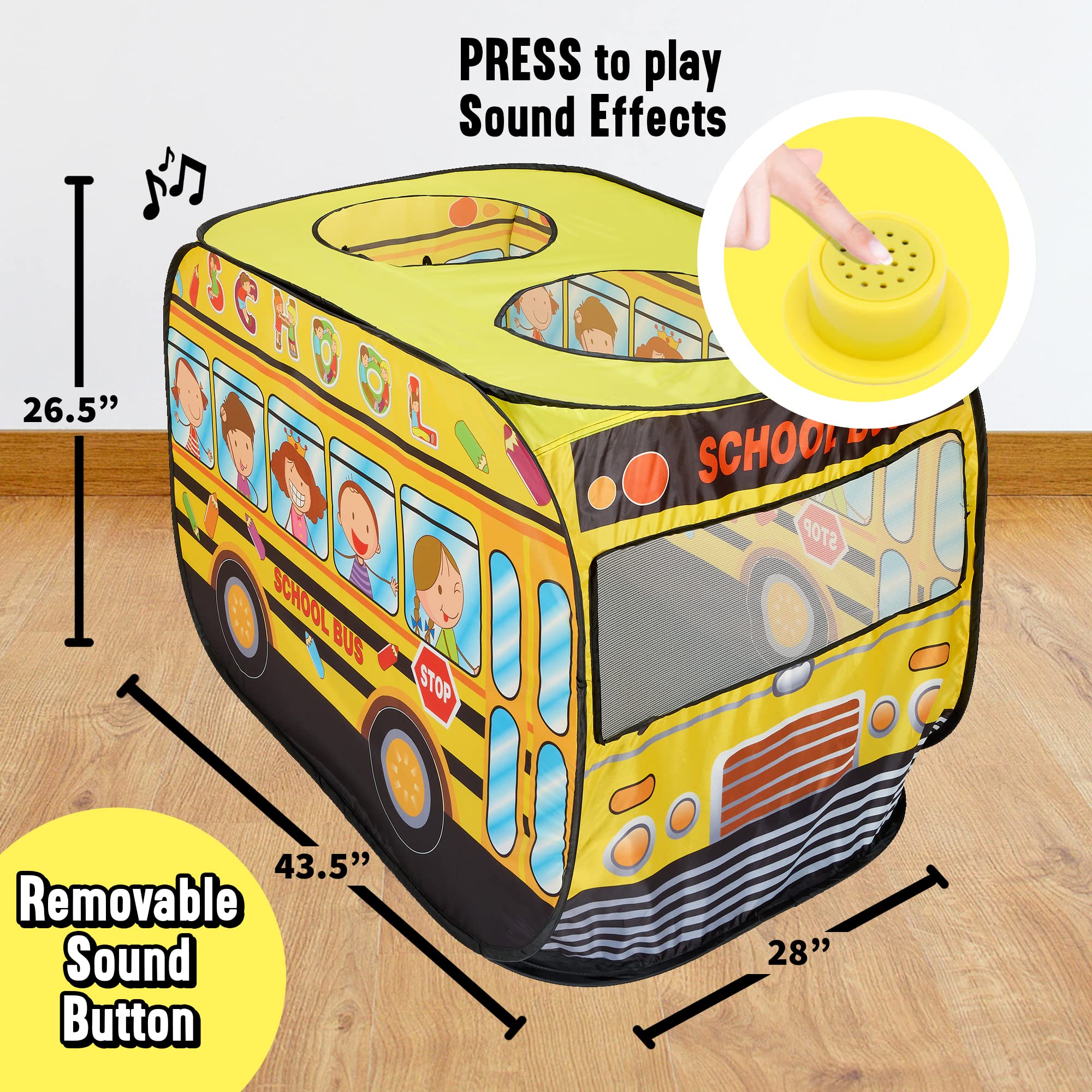 **Musical School Bus Pop Up Play Tent for Toddlers - Indoor & Outdoor Kids Playhouse with 3 Openings, Carry Bag & Sound Button - 43.5x28x26.5 Inch - Perfect for Pretend Play, Birthday Gifts & Daycare Activities**