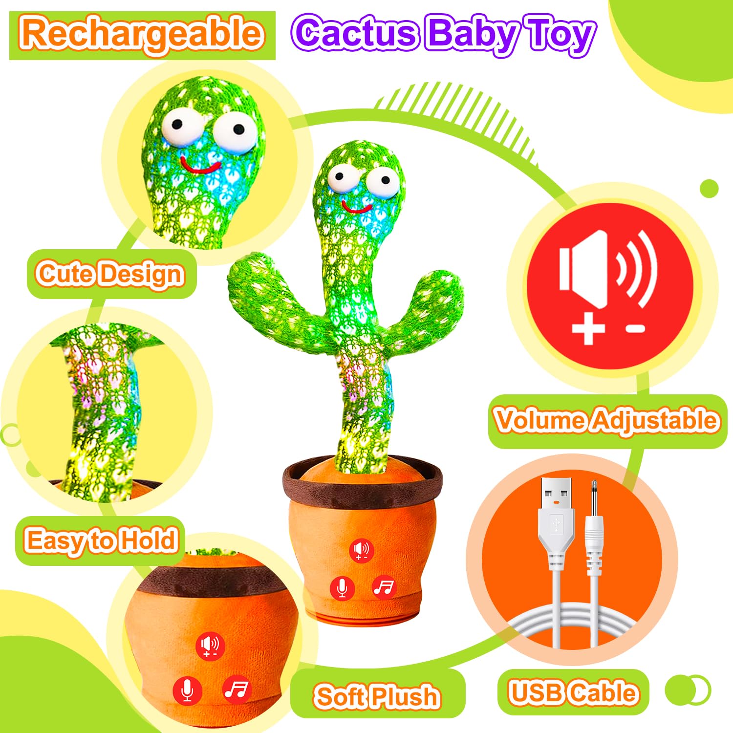 Rechargeable Dancing Talking Cactus Toy for Babies & Toddlers - Adjustable Volume, Singing, Mimicking & Repeating - Fun Interactive Learning Toy for Boys & Girls - Perfect for Easter Basket Stuffers, Birthday Gifts & Playtime Entertainment