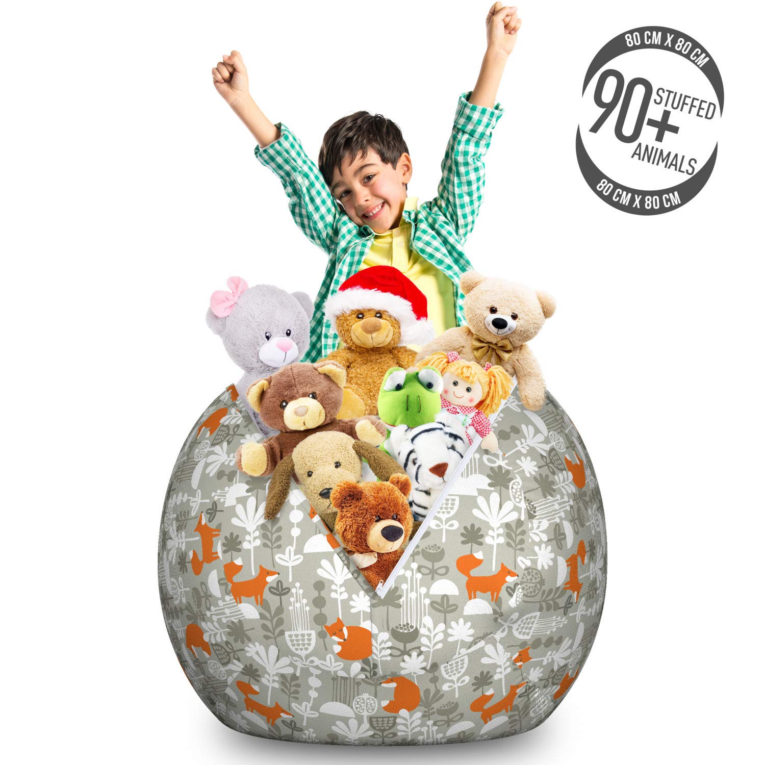 Lunarable Autumn Fall Storage Toy Bag Chair - Fox Animal Sleeping in Forest Plants Woodland Wildlife Theme, Washable Stuffed Animal Organizer Bag, Large Size (Orange Grey White) - Perfect for Kids' Room, Nursery Storage & Playroom Organization