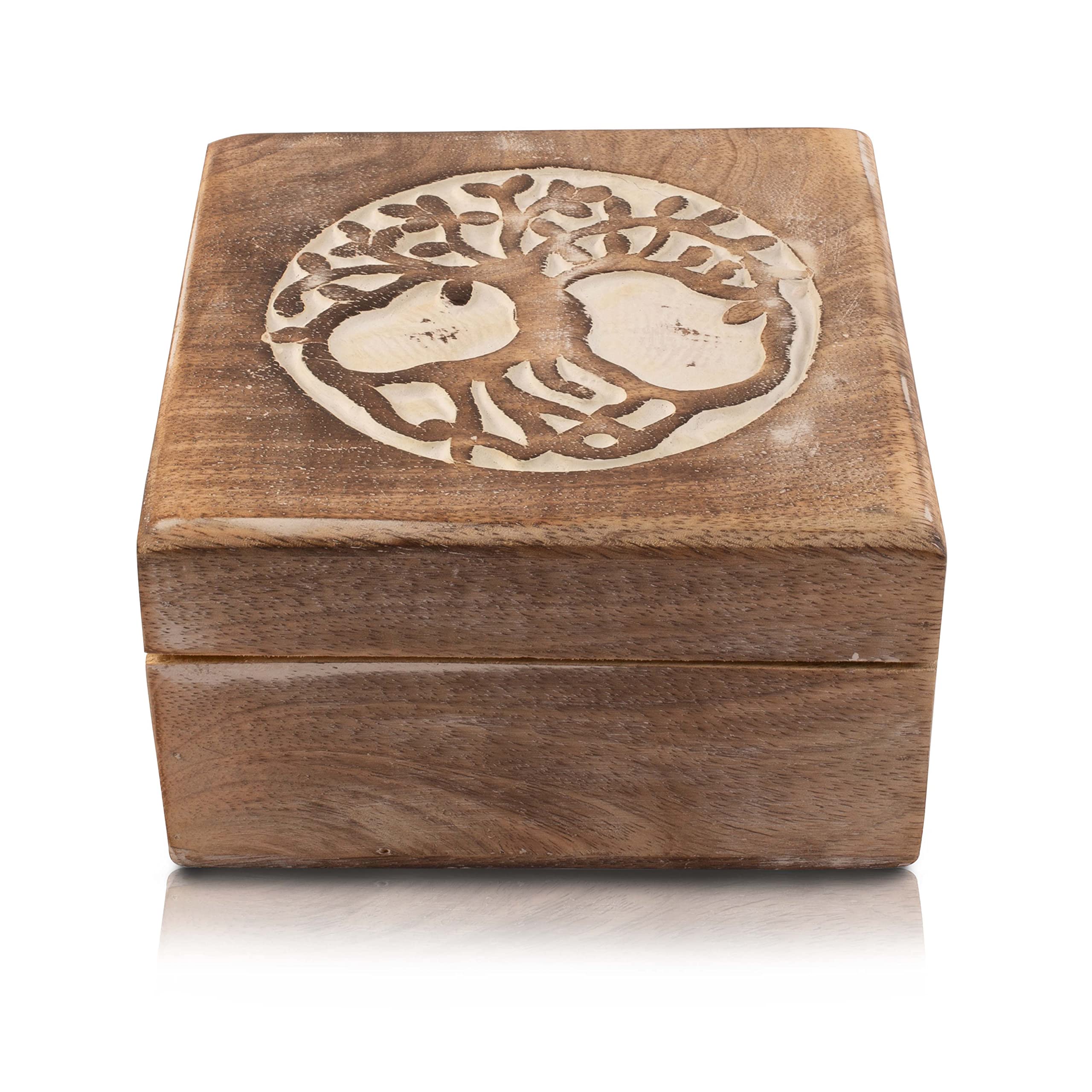 Handmade Wooden Jewelry Box - Tree of Life Design, 6x6 Inch Jewelry Organizer with Lock, Keepsake Storage Box for Necklaces, Rings & Watches - Perfect Gift for Women, Brides & Mothers (White) - Ideal for Home Decor, Wedding Gifts & Jewelry Organization