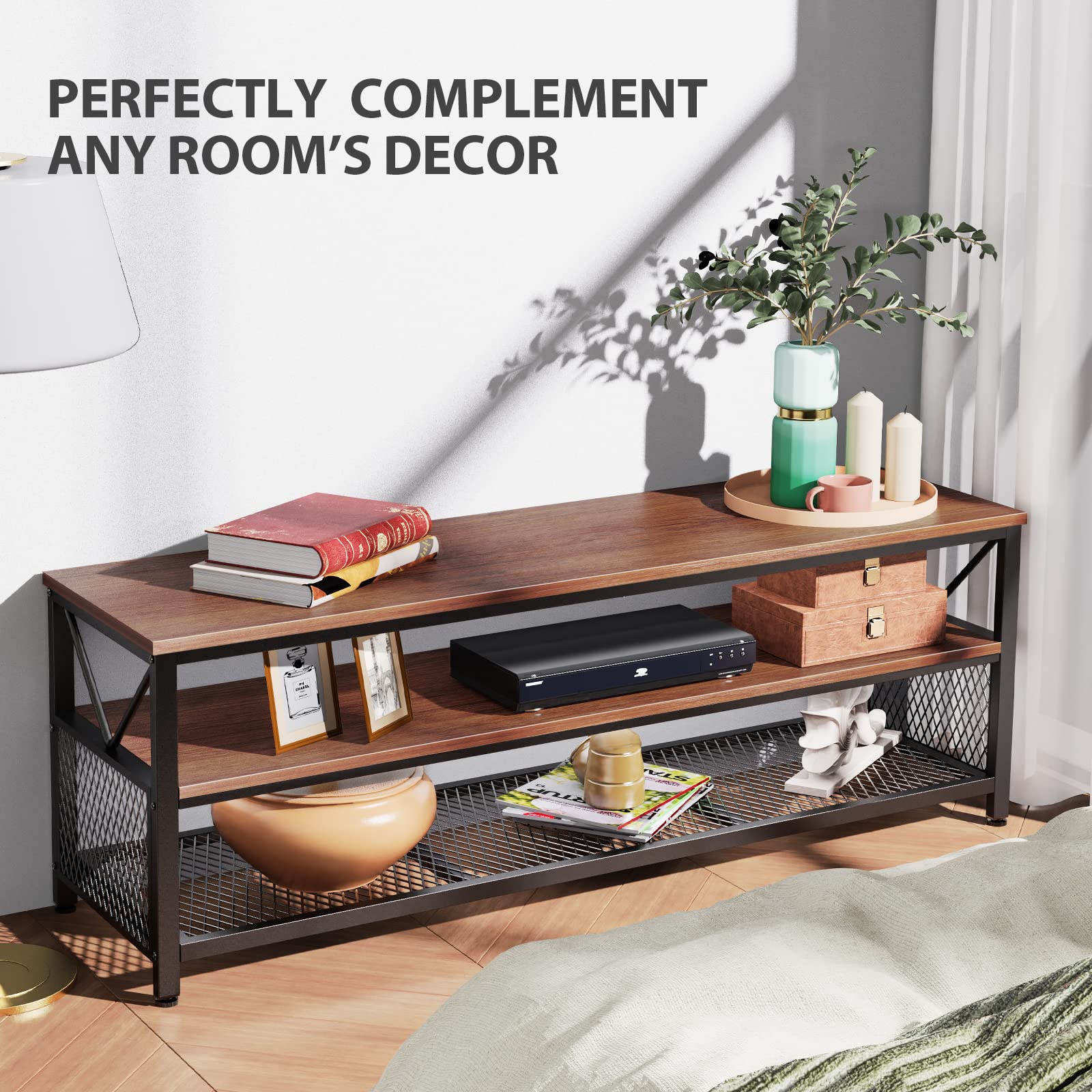 NOBLEWELL 60 Inch TV Stand with Storage - 3-Tier Wooden Entertainment Center & Media Console for Living Room, Bedroom, Home Theater - Fits Flat Screen TVs up to 60