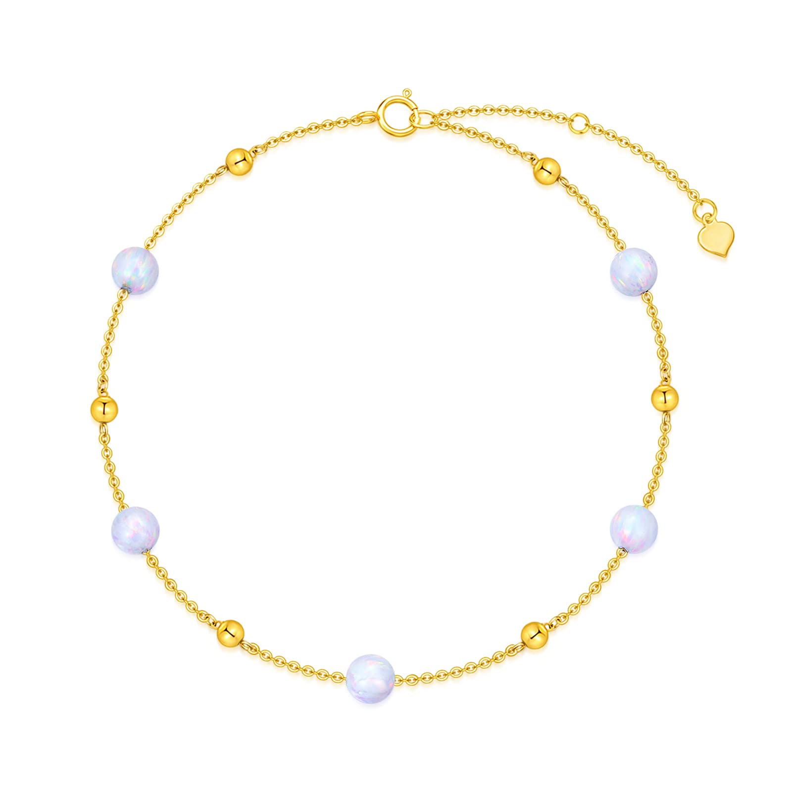 14K Gold Opal Bracelet for Women & Girls - Real Gold Beaded Chain Bracelet (6.5