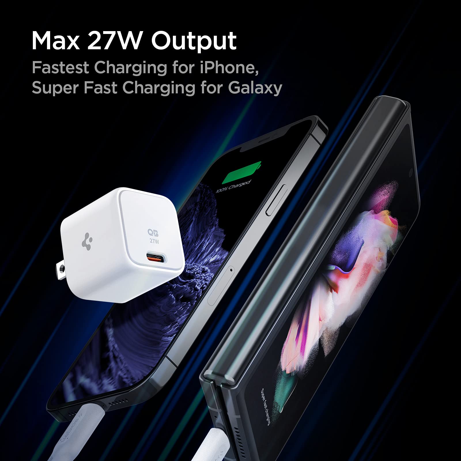 Spigen 27W USB C Fast Charger, PD PPS Wall Charger for Galaxy S25/S24/S23 Ultra/Plus/FE/Z Fold/Flip 6/5 & iPhone 15/14/13 Pro Max/Mini/Plus & iPad Air - Super Fast Charging for Home, Office & Travel