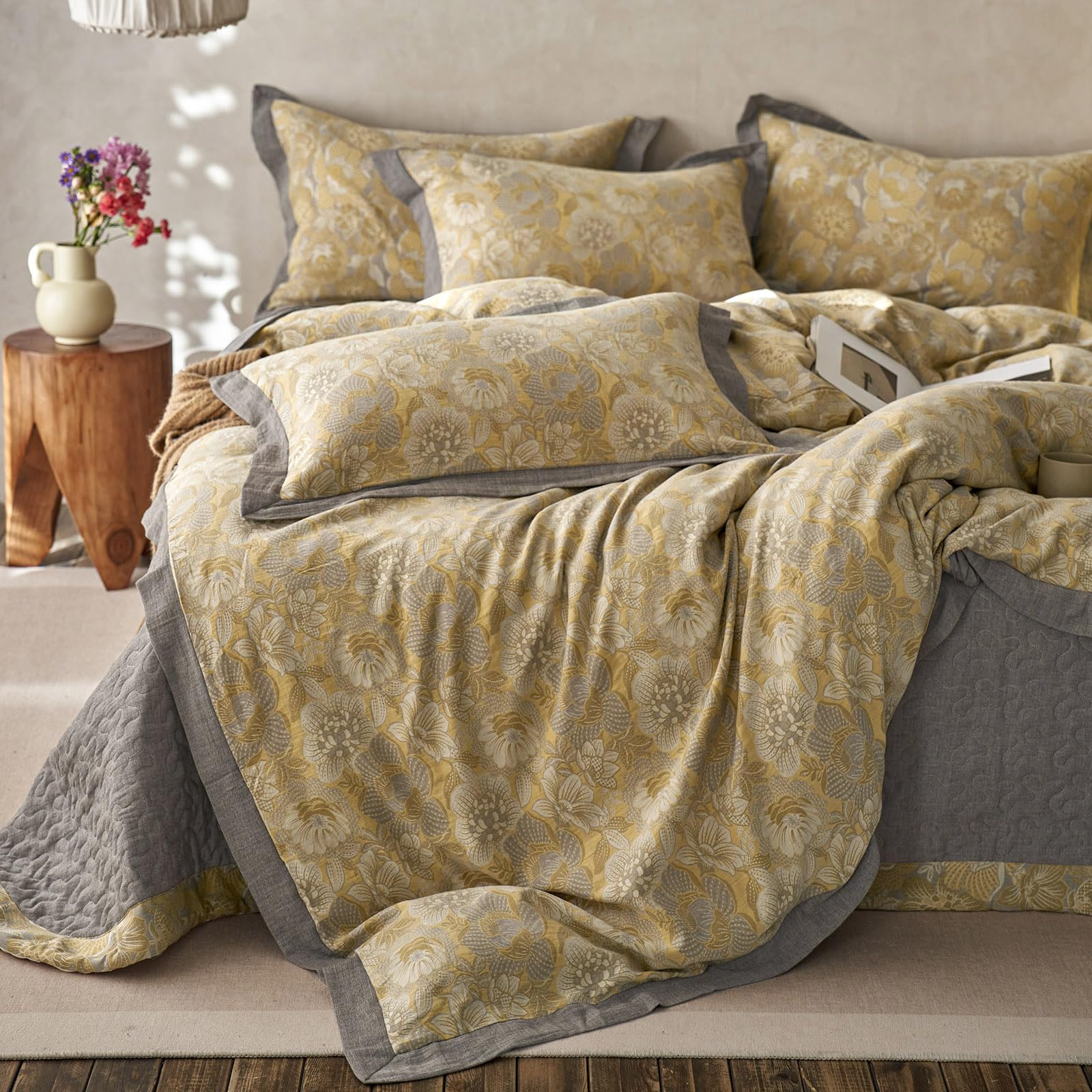 MKXI Golden Floral Twin Duvet Cover Set - 100% Breathable Muslin Gauze, Farmhouse Style Yellow Flower Jacquard Bedding - Soft All-Season Comforter Cover for Cozy Natural Bedroom Decor | Perfect for Guest Rooms, Master Bedrooms & Vacation Homes