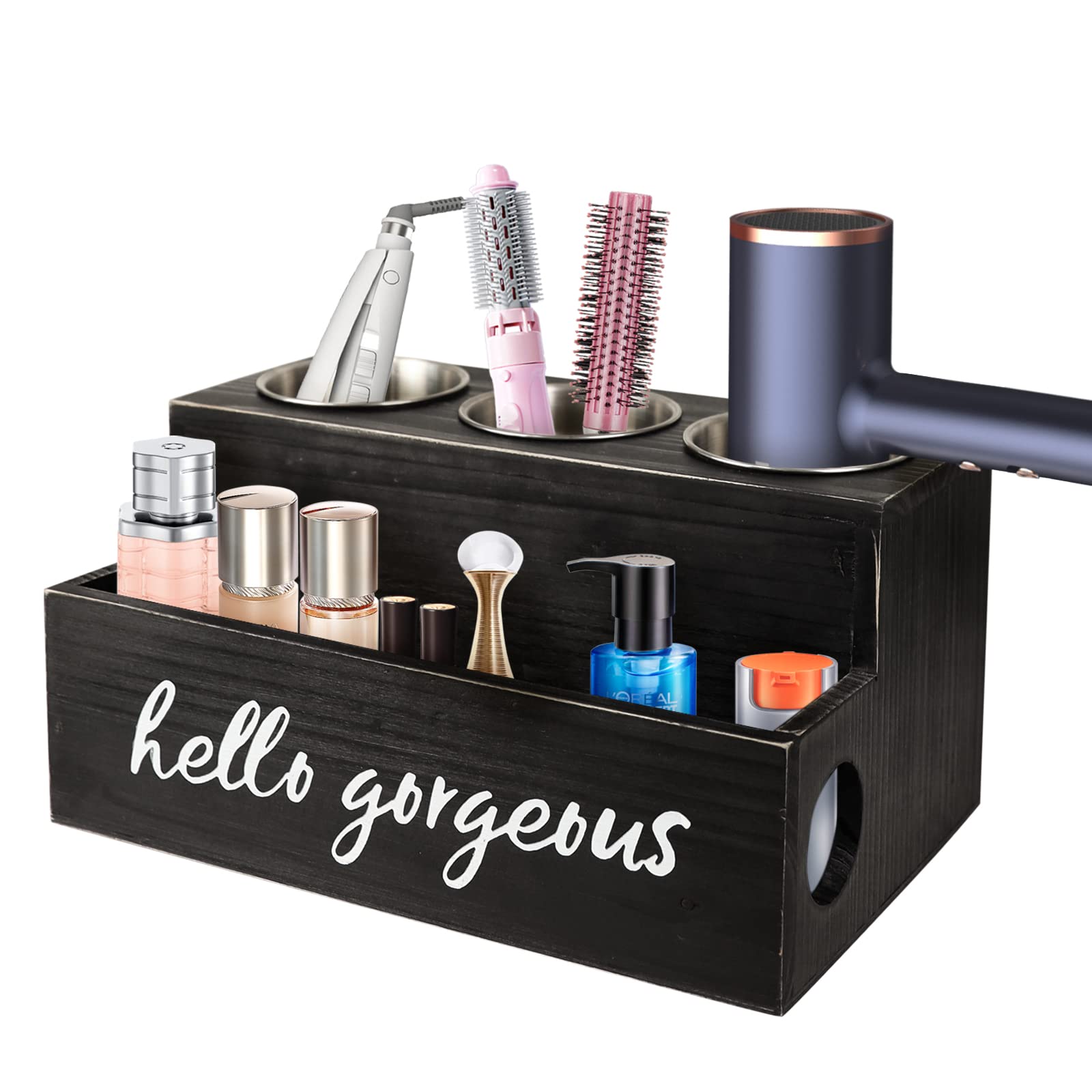 Black Hair Dryer Holder & Bathroom Organizer - Hair Tool & Makeup Brush Storage, Perfume Stand for Vanity Countertop - Perfect for Bathroom, Salon & Home Organization