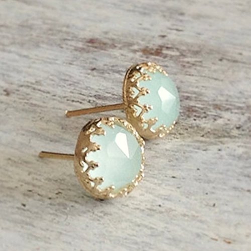 14K Gold Filled Jade Stud Earrings for Women - 8mm Light Green Gemstone Crown Jewelry Set | Elegant Gift for Birthday, Anniversary & Special Occasions