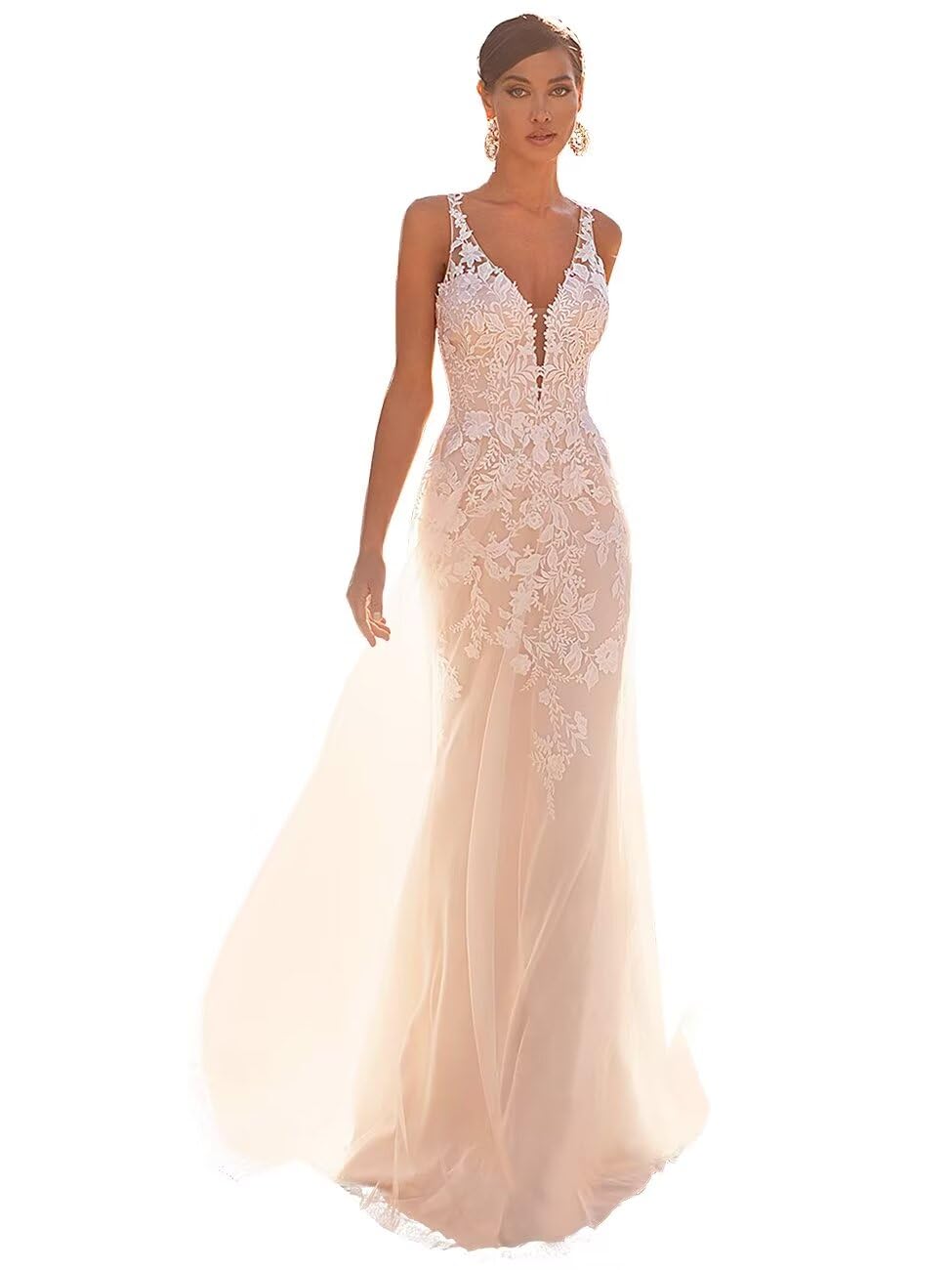 Nora's Dress Women's Elegant Lace Wedding Gown – Flowy Tulle Bridal Dress for Bride in White | Perfect for Church Ceremony, Beach Wedding & Romantic Photoshoot