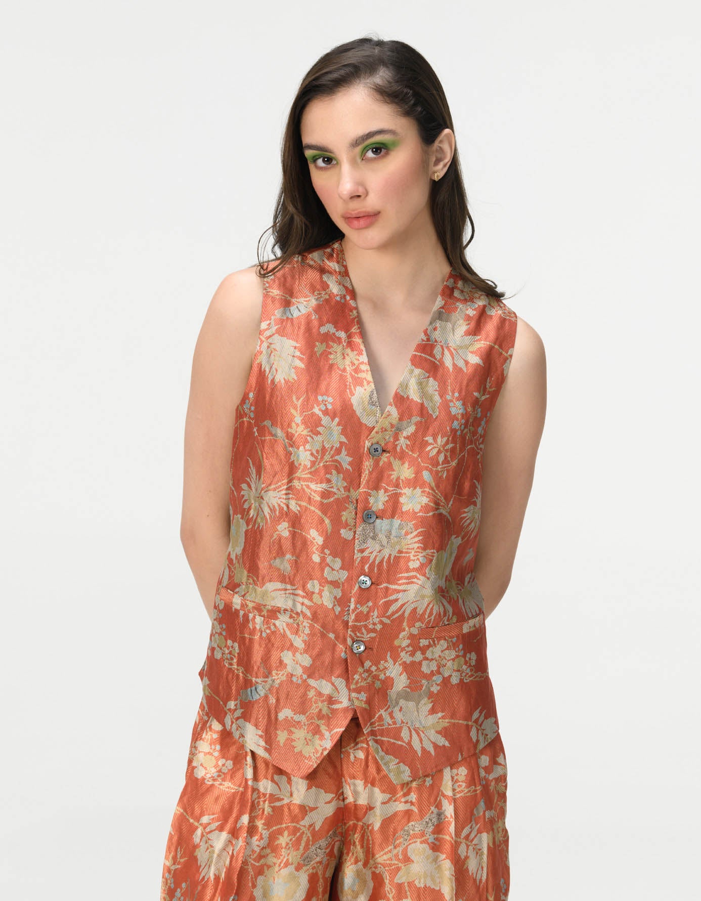 Elegant Silk Brocade Vest Coat with Coral Design - Perfect for Weddings, Parties & Special Occasions