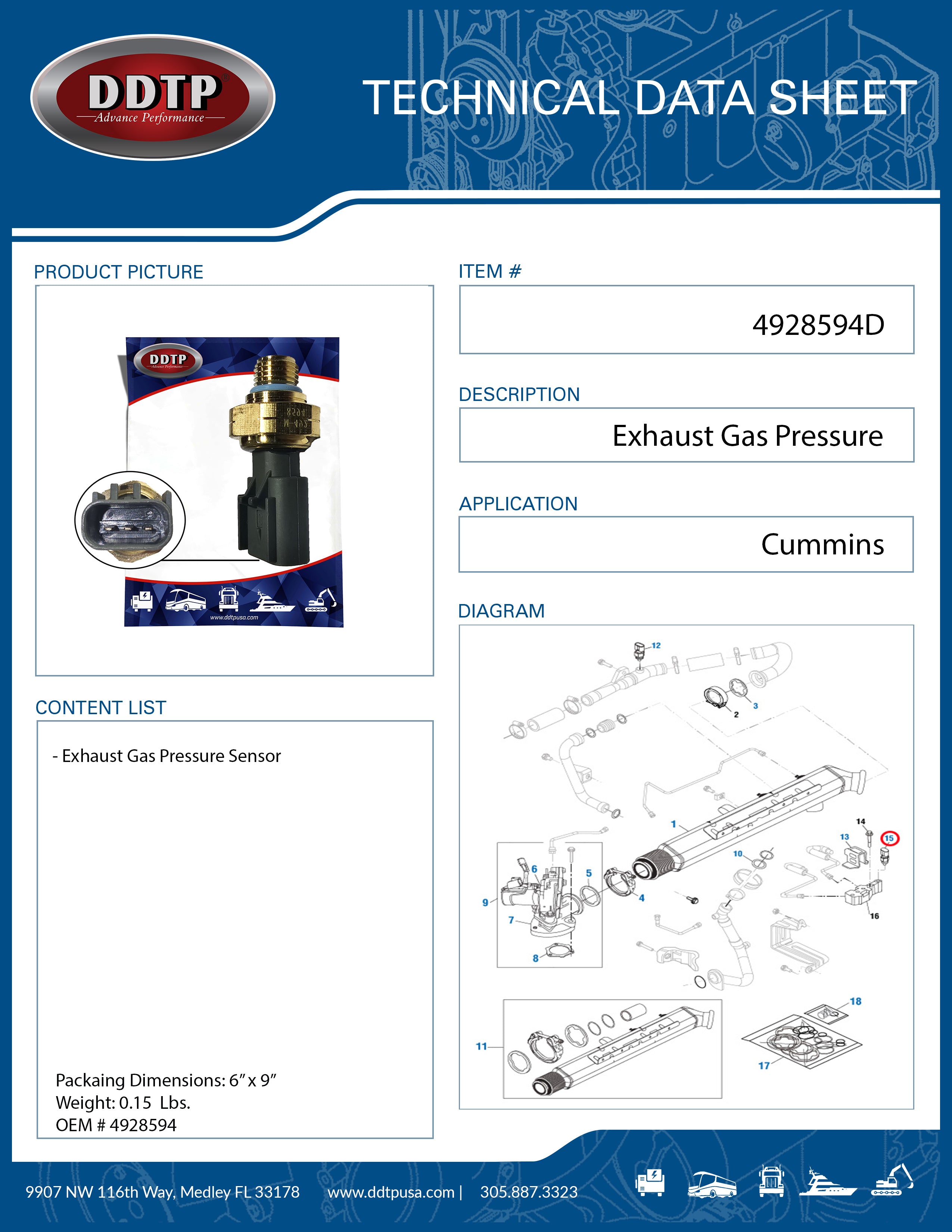 Cummins Exhaust Gas Pressure Sensor 4928594 - Compatible with Diesel Engines for Trucks & Heavy Duty Vehicles - Improve Engine Performance & Fuel Efficiency