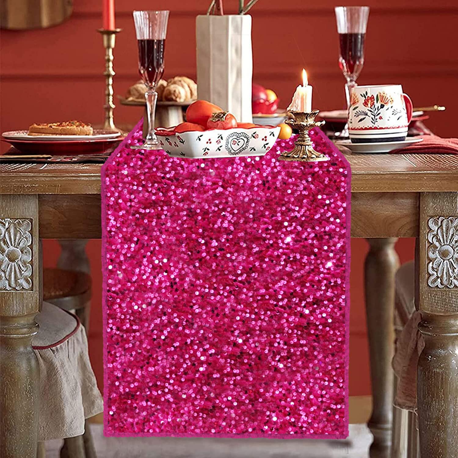 FUHSY 12x72 Inches Hot Pink Sequin Table Runner - Glitter Velvet Fabric Wedding Party Decor, Sparkling Centerpiece for Dining Tables, Birthday Celebrations & Holiday Events