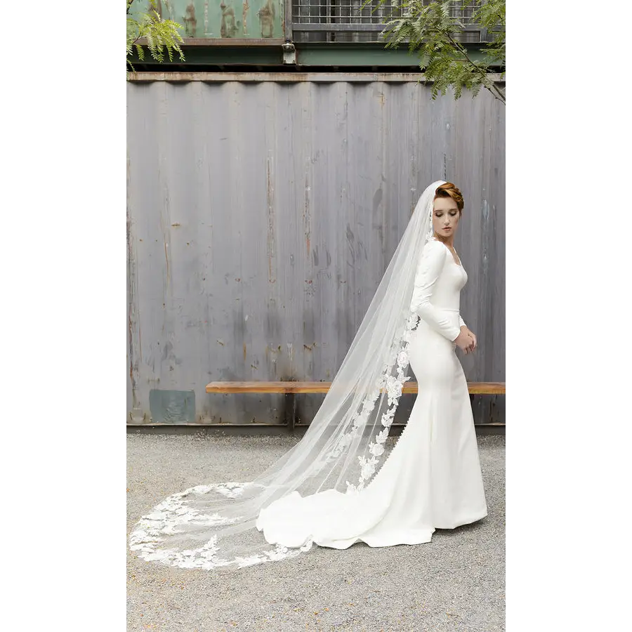 Elegant Cathedral Bridal Veil V2289C - Long Wedding Veil with Lace Trim for Bride, Perfect for Church Ceremony & Formal Wedding Photography