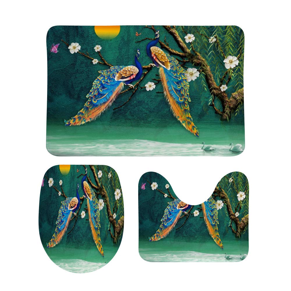 Non-Slip Bathroom Rug Set - 3-Piece U-Shaped Toilet Mat with Peacock Design, Super Absorbent & Contour Lid Cover - Perfect for Bathroom Safety and Decor (Gray/Blue)