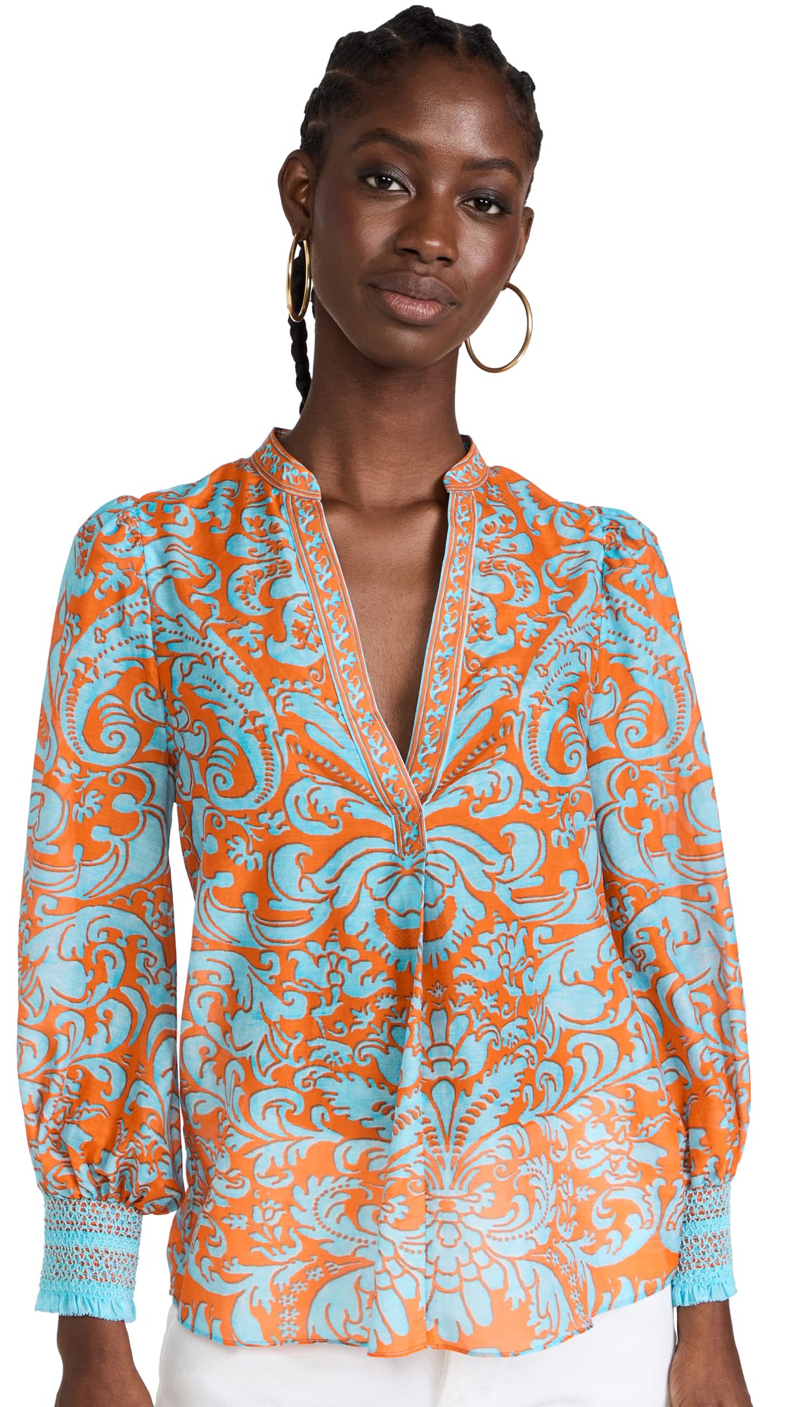 Alice + Olivia Women's Sheila Henley Top - Floral Print Blouse for Women, Elegant Casual Shirt with Ruffled Sleeves, Perfect for Office, Date Night & Spring Outfits
