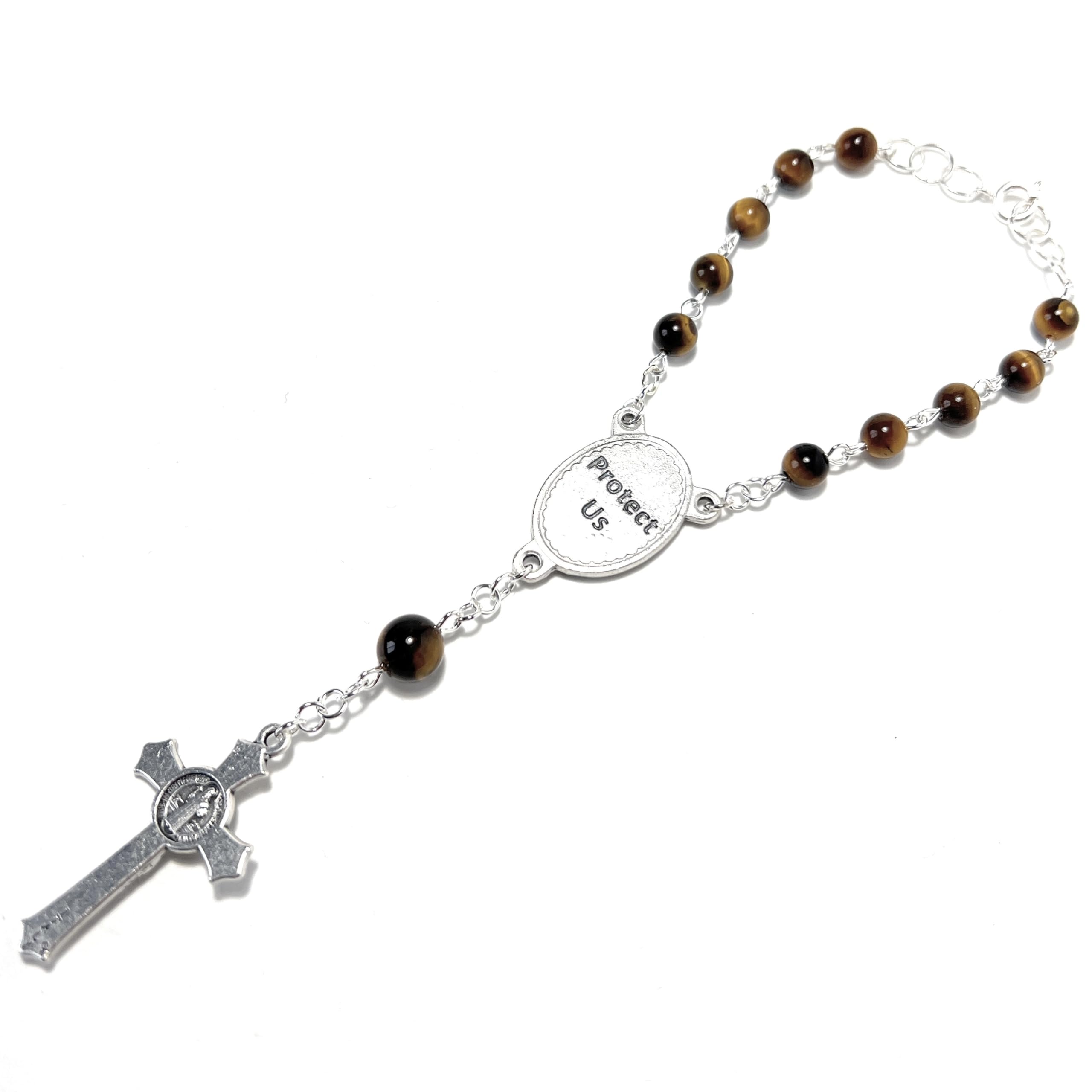 St. Michael the Archangel 1-Decade Car Rosary with Yellow/Brown Tiger Eye Beads - Rearview Mirror Prayer Beads for Safe Driving & Spiritual Protection