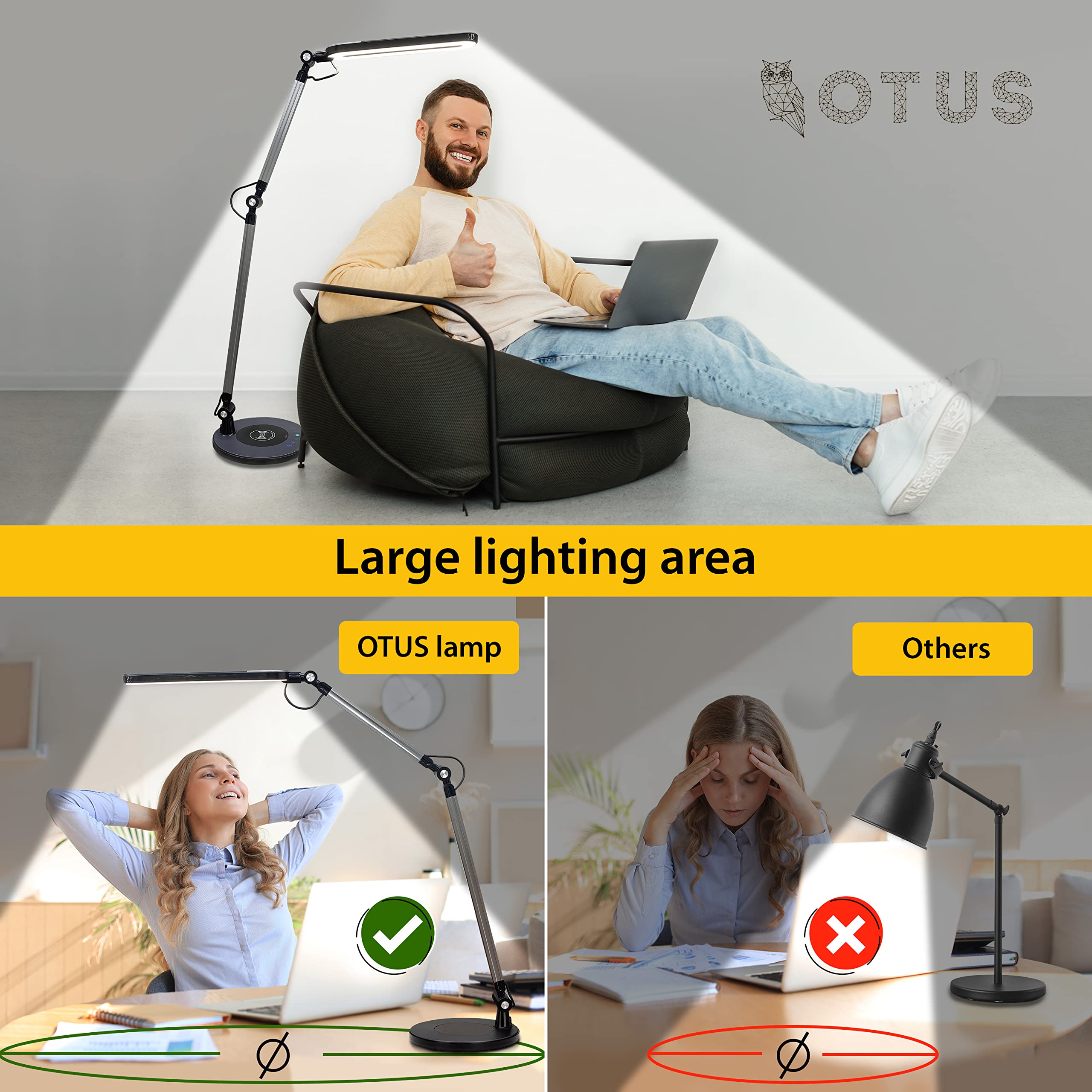 OTUS LED Desk Lamp with Wireless Charger - 3 Color & 12 Brightness Modes, Adjustable Swing Arm Architect Task Light for Home Office, Study, Reading, Video Calls - Perfect for Working, Drafting & Nighttime Use