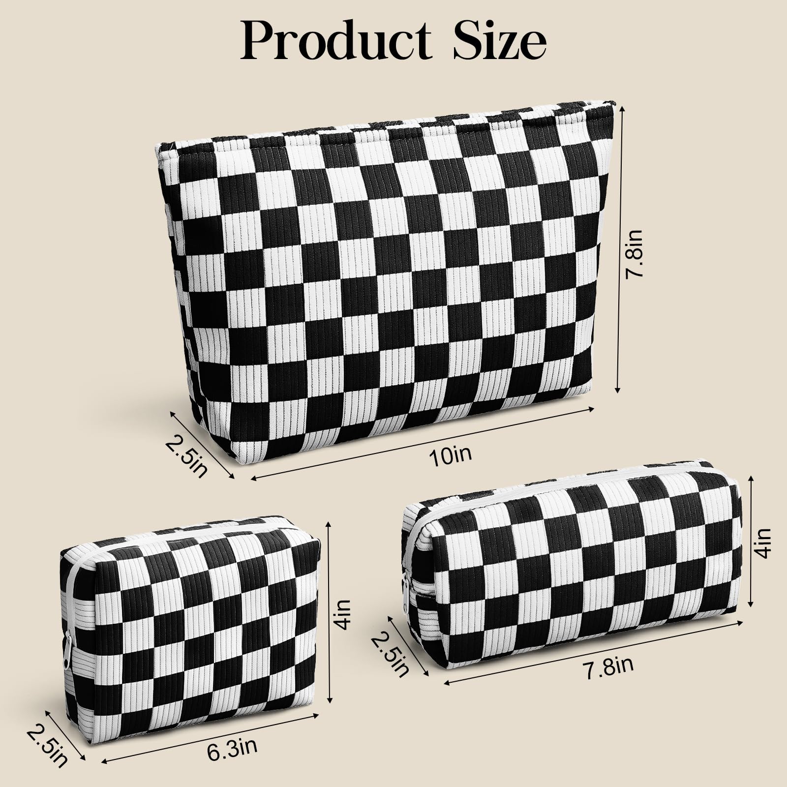 3-Piece Checkered Cosmetic Bag Set - Small Zippered Makeup Pouch & Brush Organizer - Black & White Corduroy Travel Makeup Bag for Women - Perfect for Travel, Gym & Daily Essentials Storage