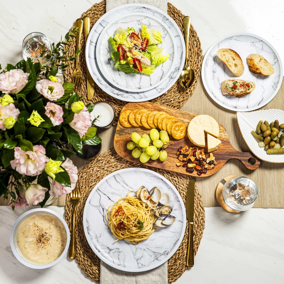 12-Piece White Marble Melamine Dinnerware Set - Plates & Bowls for Stylish Dining, Outdoor Picnics & Durable Everyday Use