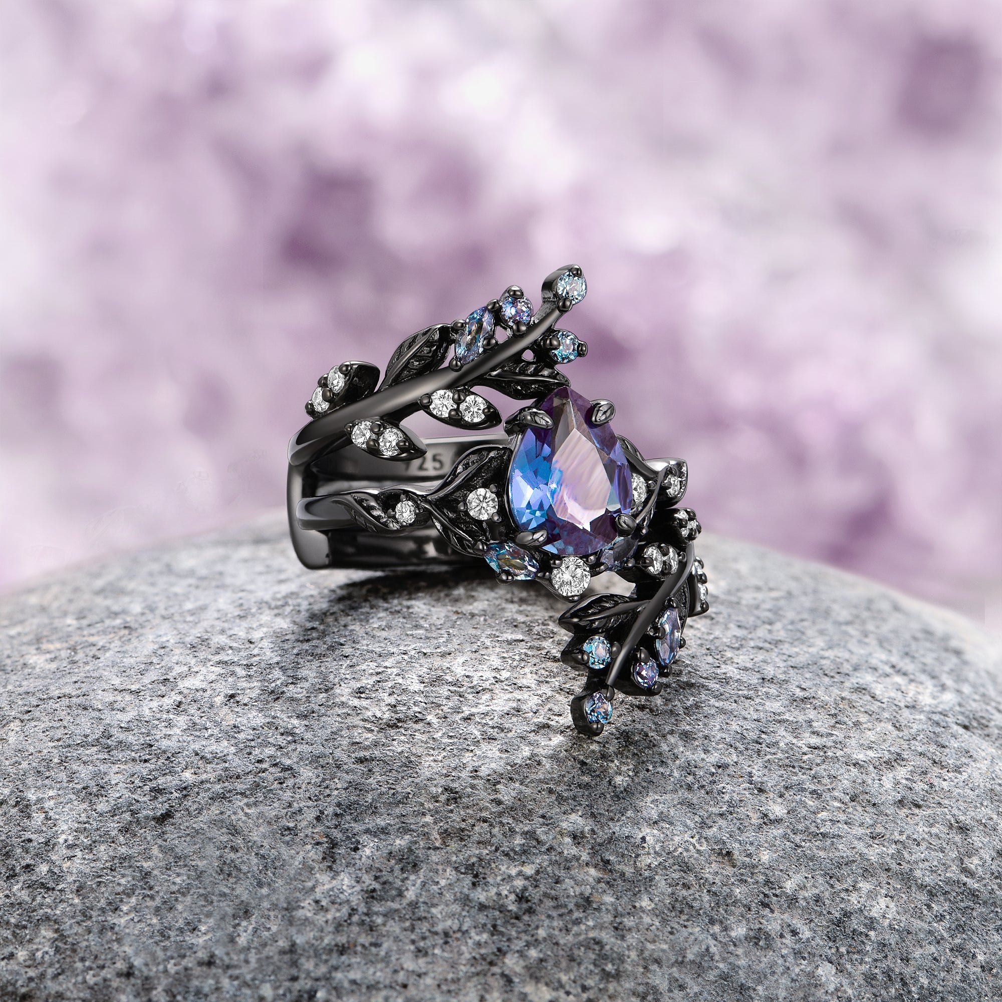 Alexandrite Fairy Leaf Ring Set - Wisteria Purple Gemstone, Black Rhodium Plated Jewelry for Women | Perfect for Weddings, Parties & Special Occasions