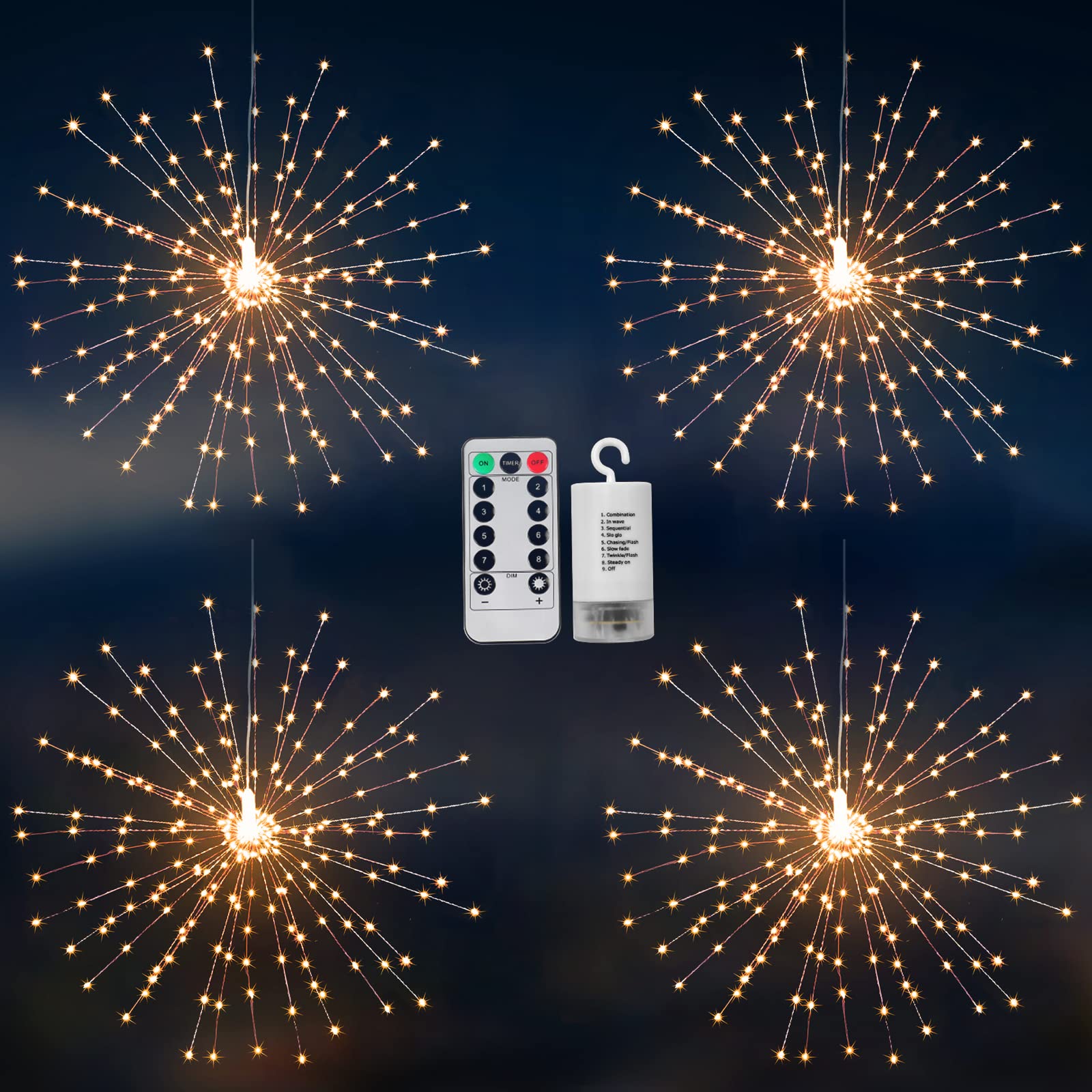 MIDDIA 4 Pack 200 LED Christmas Outdoor Lights - Battery Powered Firework Lantern Chandelier with Remote Control - Waterproof Fairy String Lights for Tree, Patio, Gazebo, Tent, Bedroom, Wedding & Party Decorations (Perfect for Holiday, Garden and Indoor/Outdoor Decor)