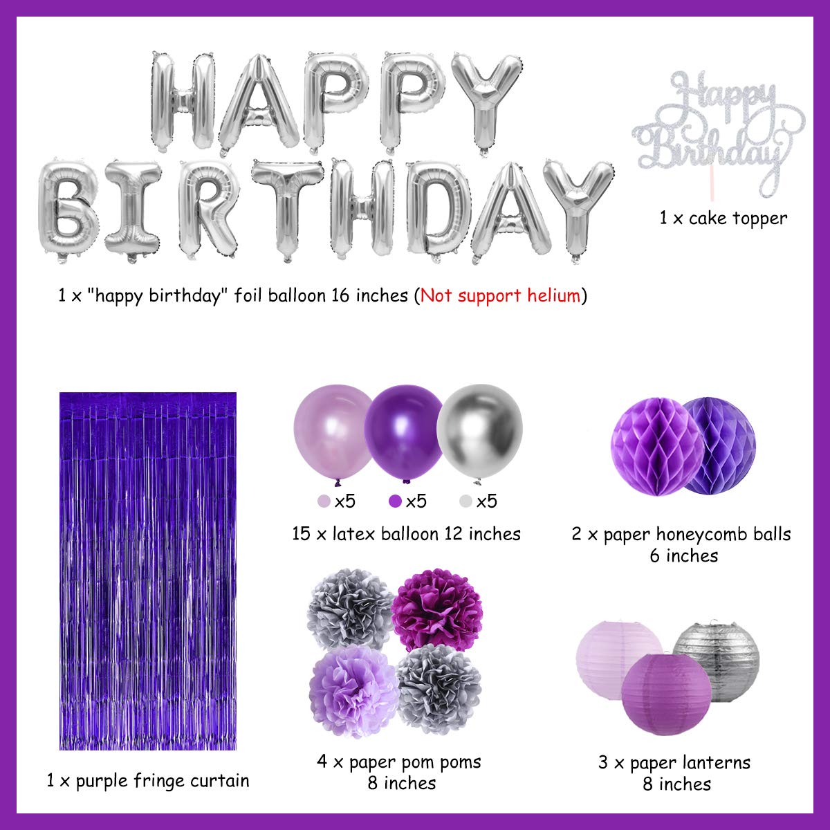 Purple & Silver Birthday Party Decorations Set - Happy Birthday Balloons, Banner, Cake Topper & Fringe Curtain - 21st/30th/40th Birthday Party Supplies for Women & Girls - Perfect for Milestone Birthdays, Photo Backdrops & Celebration Decor