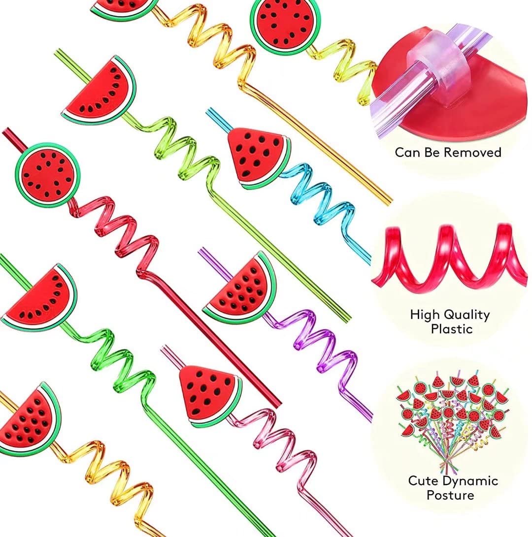 24 Pack Reusable Plastic Fruit Straws - Cartoon Watermelon Juice Drinking Straws for Kids, Party, Birthday, Art & DIY Projects | Eco-Friendly Spiral Straws for Smoothies, Cocktails & Fun Drinks