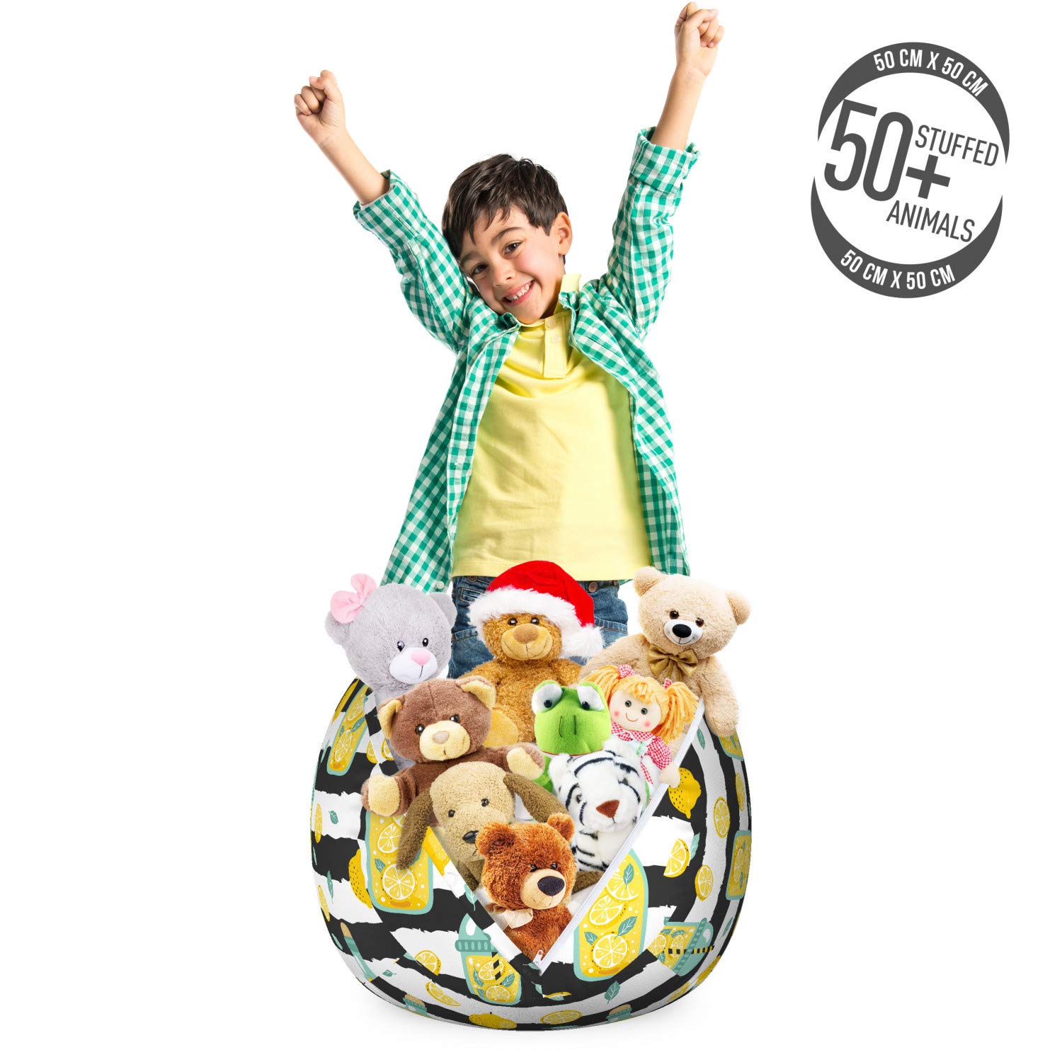 Ambesonne Lemonade Storage Toy Bag Chair - Washable Stuffed Animal Organizer with Fresh Drink & Lemon Slice Pattern, Small Size in Dark Grey & White - Perfect for Kids' Room, Nursery, or Playroom Organization