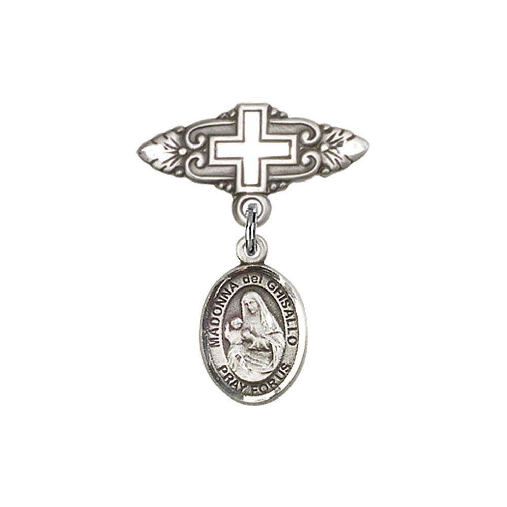 TONYS JEWELRY CO. Baby Badge with St. Madonna Del Ghisallo Charm & Cross Badge Pin - Religious Jewelry Gift for Baptism, First Communion & Christening Ceremonies