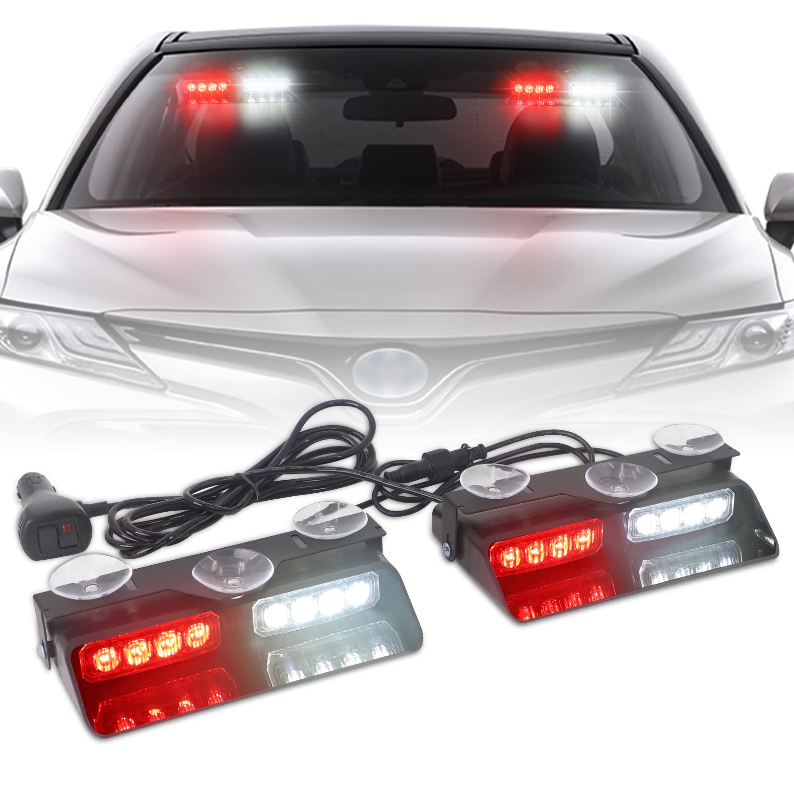 XRIDONSEN 2-in-1 Emergency Dash Lights - Red & White Strobe Warning Lights for Firefighters, Law Enforcement & First Responders - Windshield Mount with Suction Cups for Trucks & Vehicles - Ideal for Roadside Emergencies, Volunteer Response & Safety Alerts