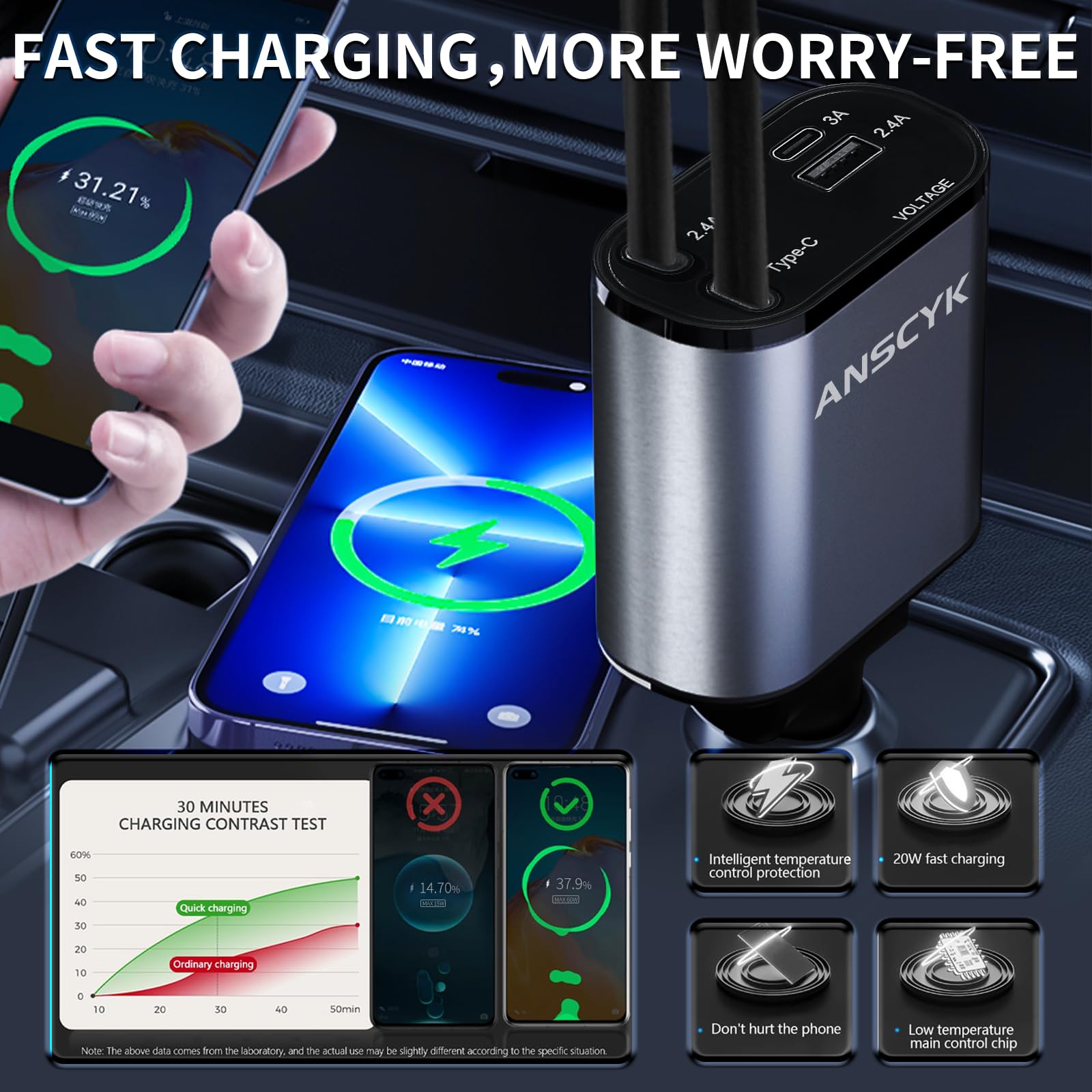 ANSCYK 60W 4-in-1 Retractable Car Charger with 2 Cables - Fast Charging for iPhone 16/15/14/13/12/11, Samsung Galaxy, Google Pixel - Perfect Car Accessory for Road Trips & Daily Commute