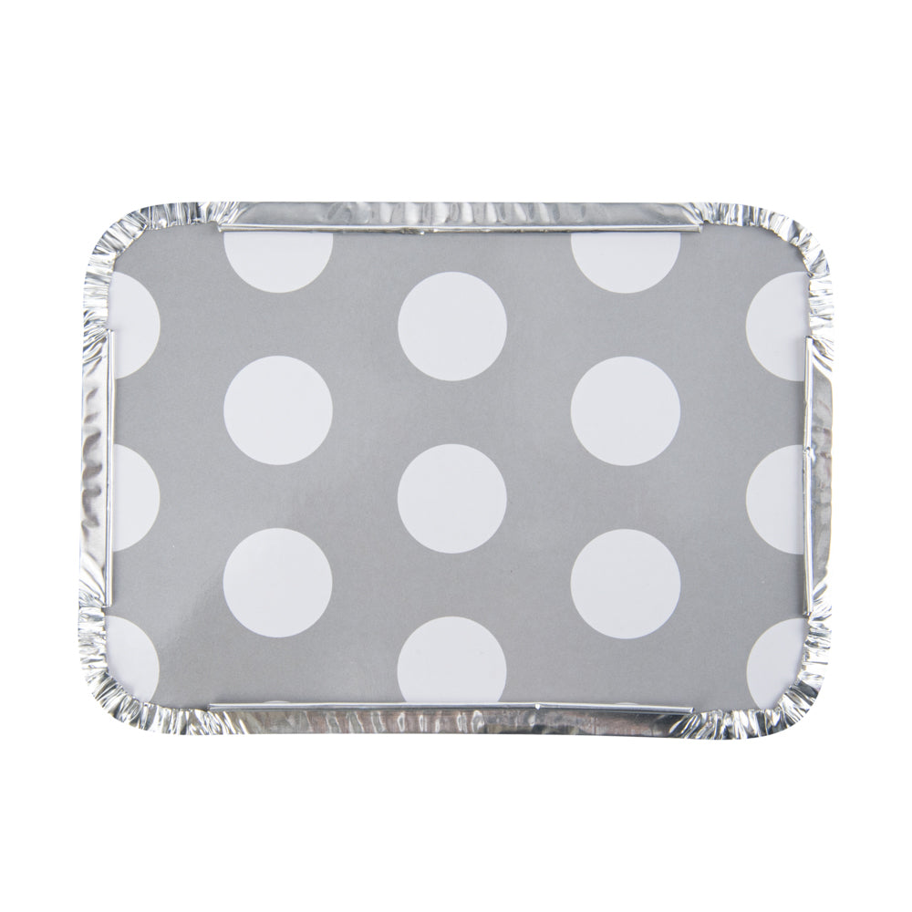 16 oz Rectangle Silver Aluminum Take Out Containers with Polka Dot Paper Lids - 7.25