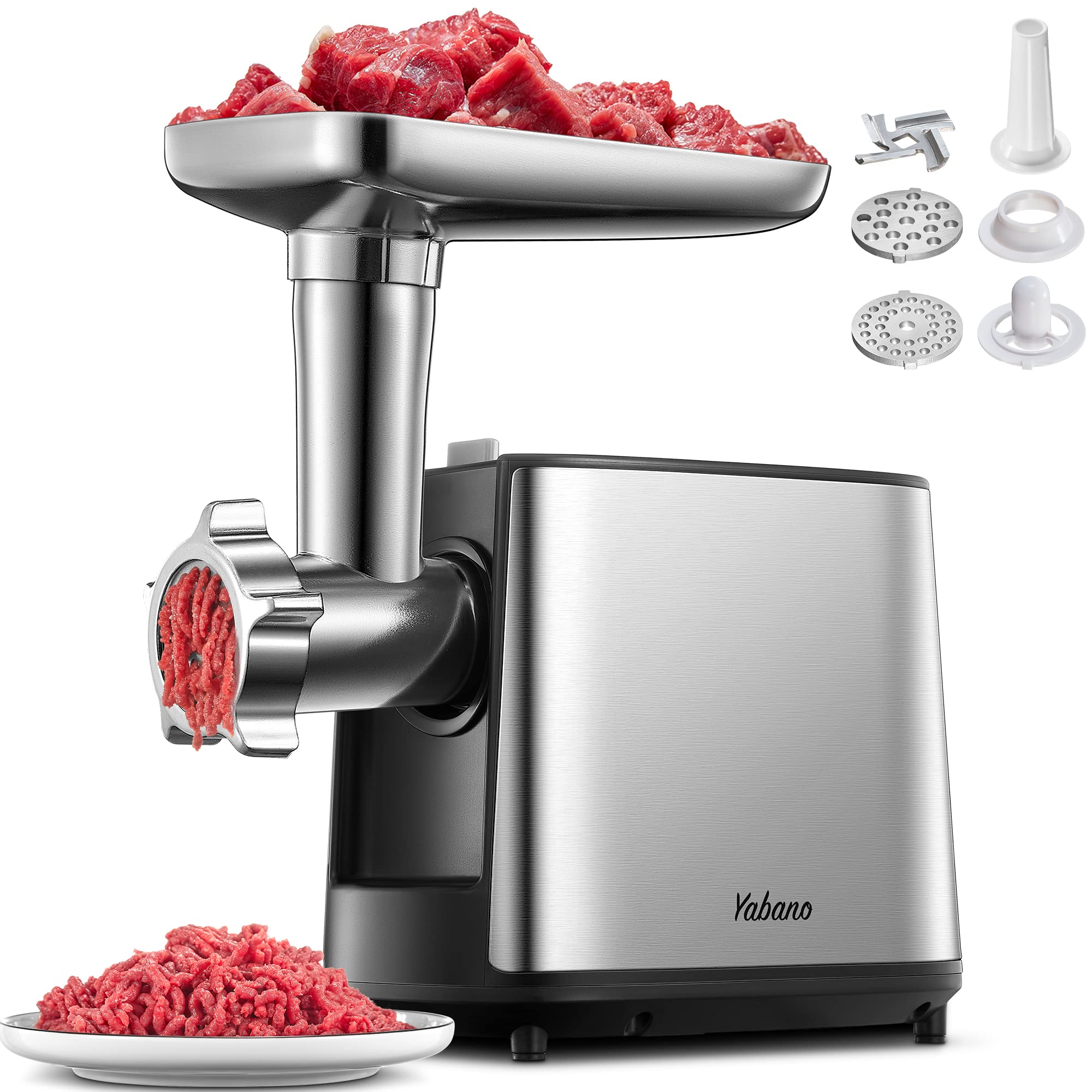 Yabano 3000W Max Heavy Duty Electric Meat Grinder with Sausage Stuffer & Kubbe Kit - 2 Stainless Steel Plates for Home Kitchen & Commercial Use (Silver & Black) | Perfect for Grinding Beef, Pork, Making Sausages & Homemade Pet Food