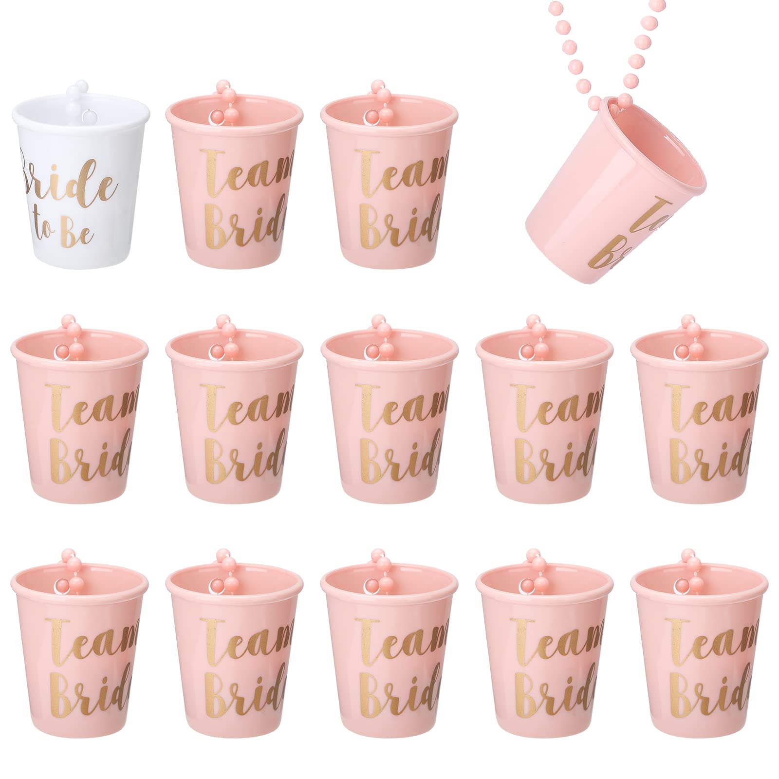 Katsy 14-Piece Plastic Beaded Shot Glass Necklace Set - Pink & White with Gold Foil for Bachelorette Parties, Bridal Showers & Wedding Decorations - Perfect for Team Bride, Bridesmaids & Wedding Party Favors