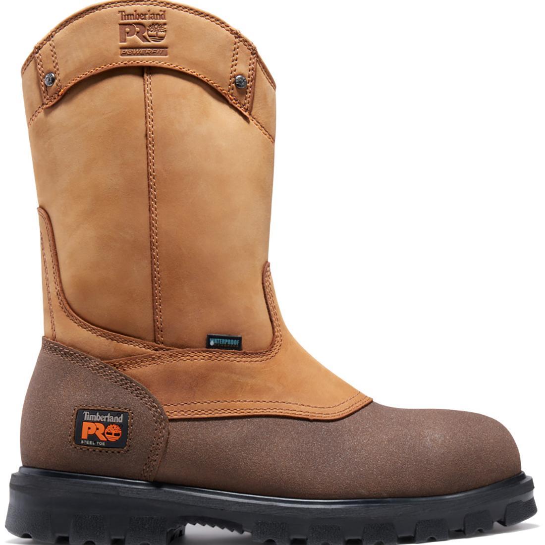 Rigmaster Steel Toe Waterproof Pull-On Work Boots for Men - Slip Resistant Safety Shoes for Construction & Outdoor Work - Comfortable Brown Leather Work Boots