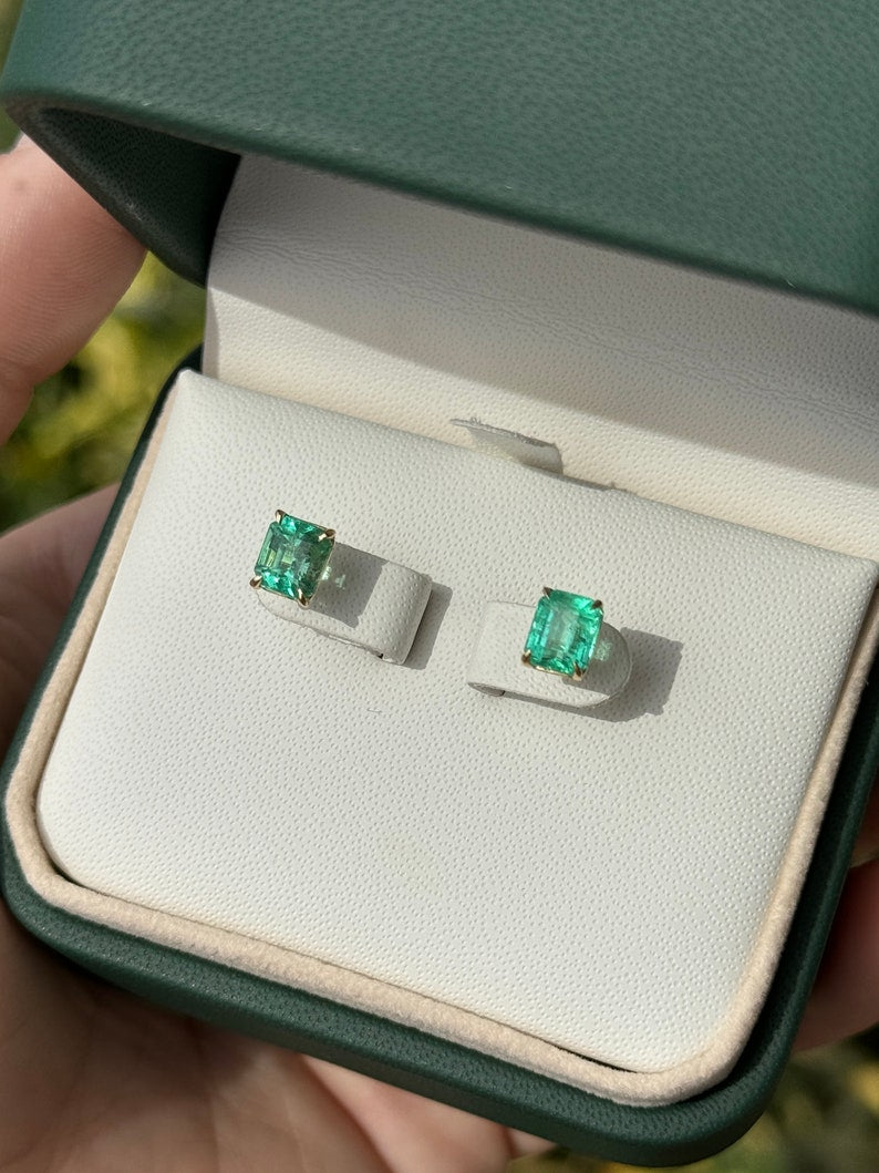 2.21tcw 18K Gold Vivid Green Emerald Cut Stud Earrings for Men & Women | Luxury Prong Set Gemstone Jewelry for Parties, Weddings & Special Occasions