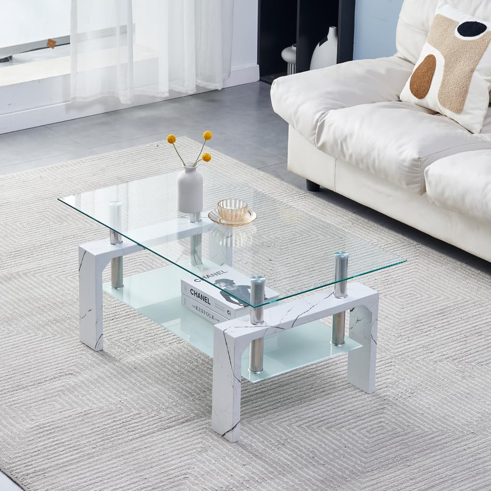 Modern Rectangle Coffee Table with Wooden Legs & Glass Top - Marble Finish Living Room Side Table with Lower Shelf - Perfect for Lounge, Waiting Room & Office Spaces
