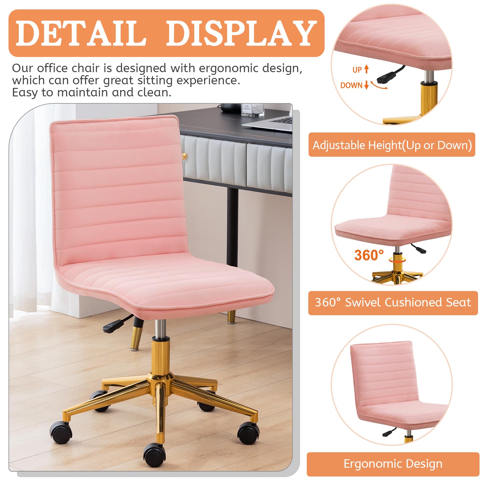 Furniliving Armless Vanity Chair with Wheels - Adjustable Height Soft Velvet Rolling Desk Chair with Gold Metal Base (Pink) | Perfect for Makeup Vanity, Home Office & Computer Workstation