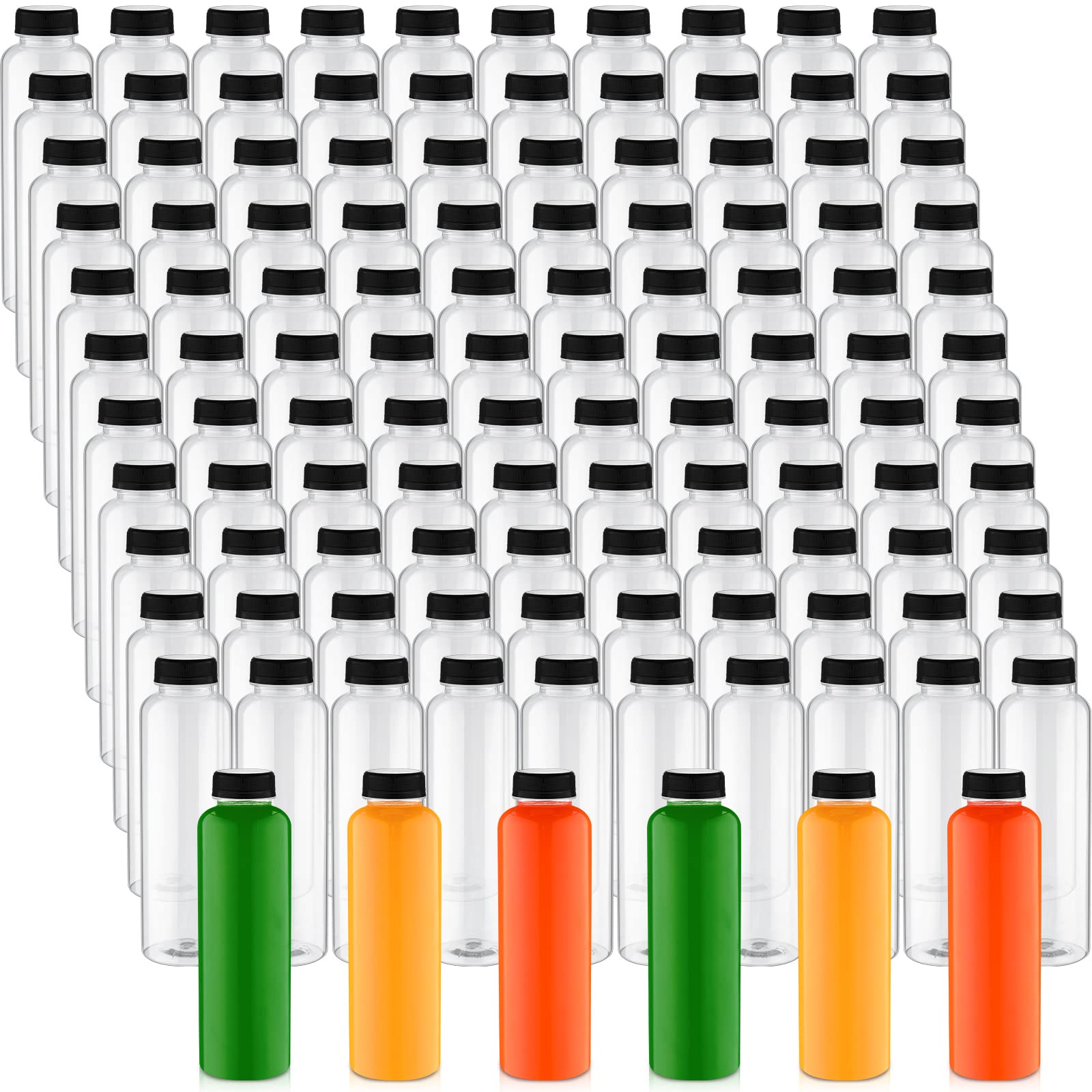 200 Pack 16oz Clear Plastic Juice Bottles with Black Caps - Reusable PET Drink Containers for Juicing, Smoothies, Beverages | Bulk Empty Bottles for Home, Restaurant, Fridge Storage & Party Use