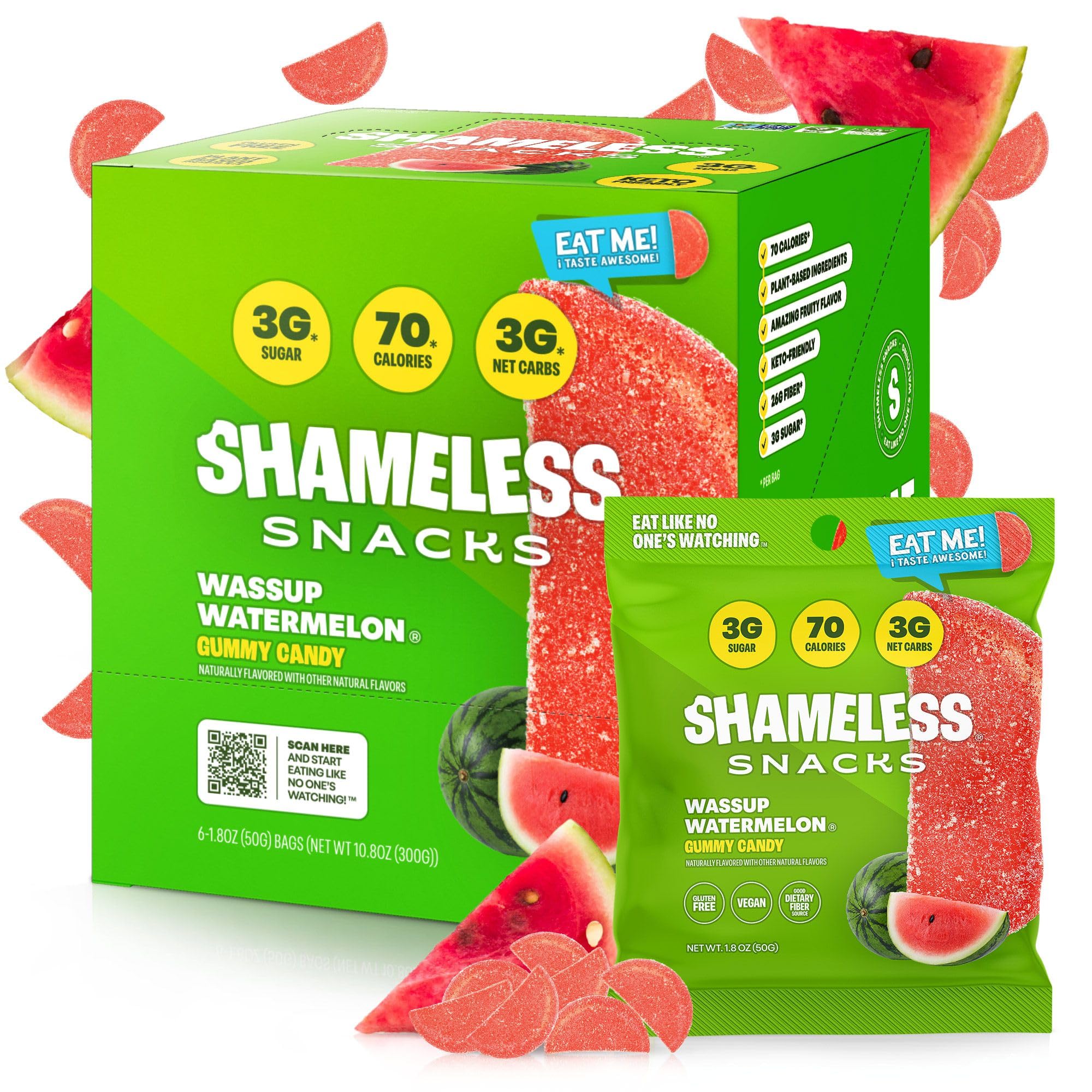 Shameless Snacks - Healthy Low Calorie Keto Gummies, Sugar Free & Gluten Free Candy - 6 Pack Wassup Watermelon Flavor | Perfect for Weight Loss, Keto Diet & On-the-Go Snacking