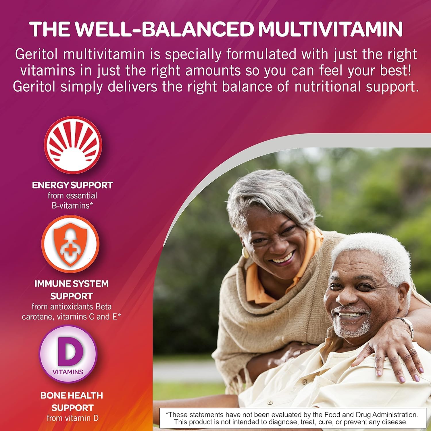 Geritol Multivitamin Supplement with B-Vitamins, Antioxidants, Vitamins C, E & D, Iron - 26 Essential Vitamins & Minerals - Gluten-Free, Non-GMO, No Artificial Sweeteners - 100 Tablets (2-Pack) - Supports Energy, Immunity & Overall Health for Active Adults & Seniors